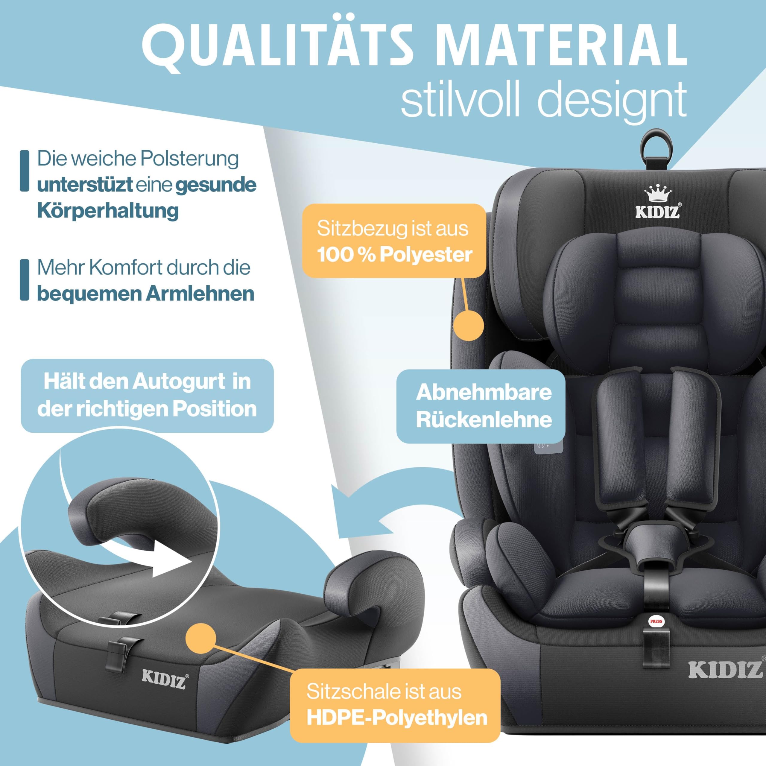 KIDIZ® Autokindersitz mit Isofix i-Size R129 100-150cm Gruppe 1/2/3, 5-Punkt-Gurt, höhenverstellbare Kopfstütze, Anthrazit