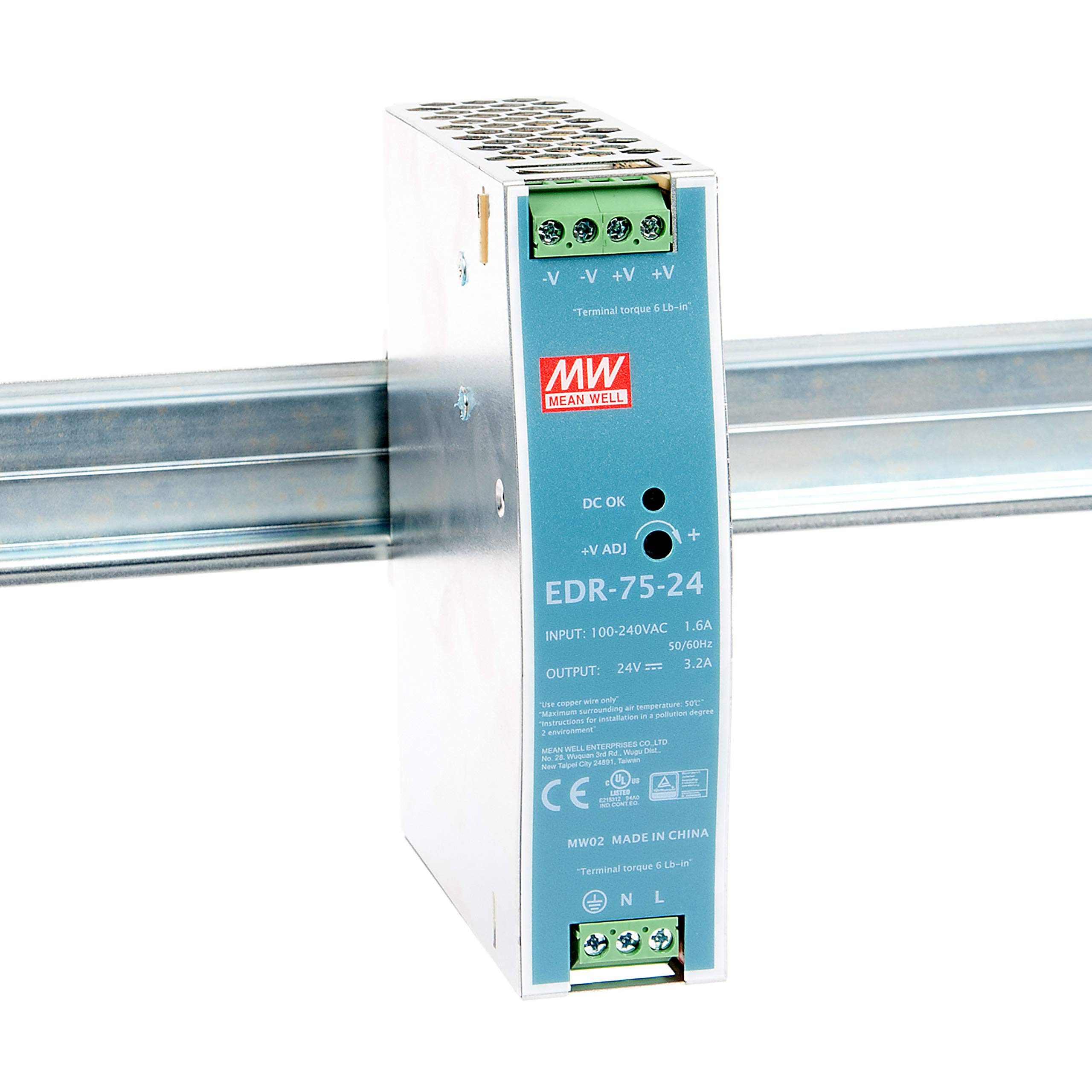 MeanWell EDR-75-24 AC to DC Switching DIN Rail Power Supply 24 Volts 3.2 Amps 76.8 Watts