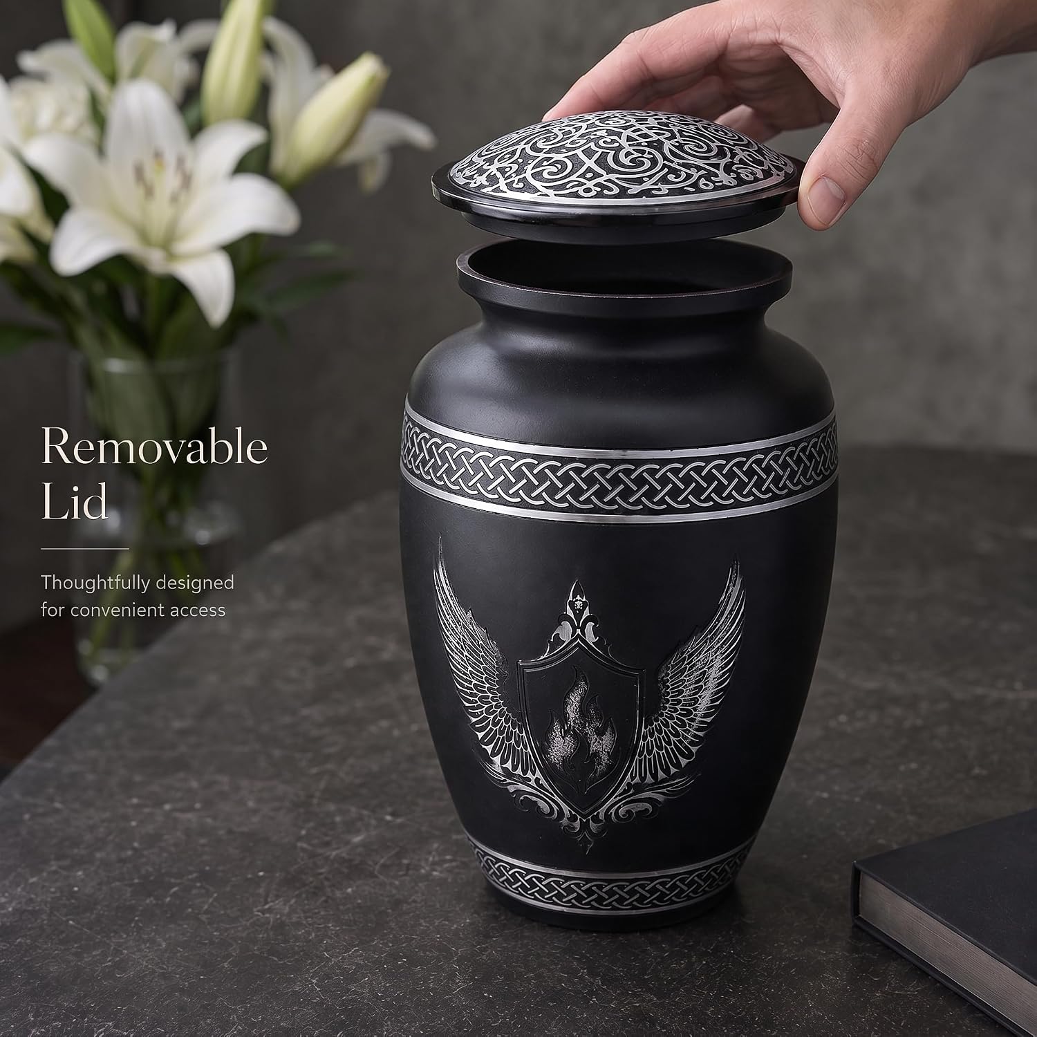 Large Black Cremation Urn for Human Ashes - Memorial urns for Adult Male or Female - Metal Cremation Urn with Silver Celtic Winged Shield - (10 x 6 Inch) Threaded Lid with Felt Base