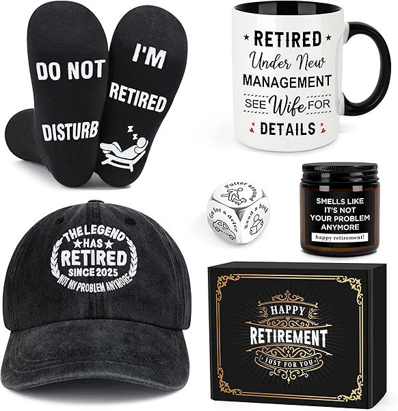 Retirement Gifts for Men 2025 Retired Gifts for Men Happy Retirement Decorations for Man The Legend has Retired Gift Ideas for Man Includes Mug Hat Candle Socks Dice