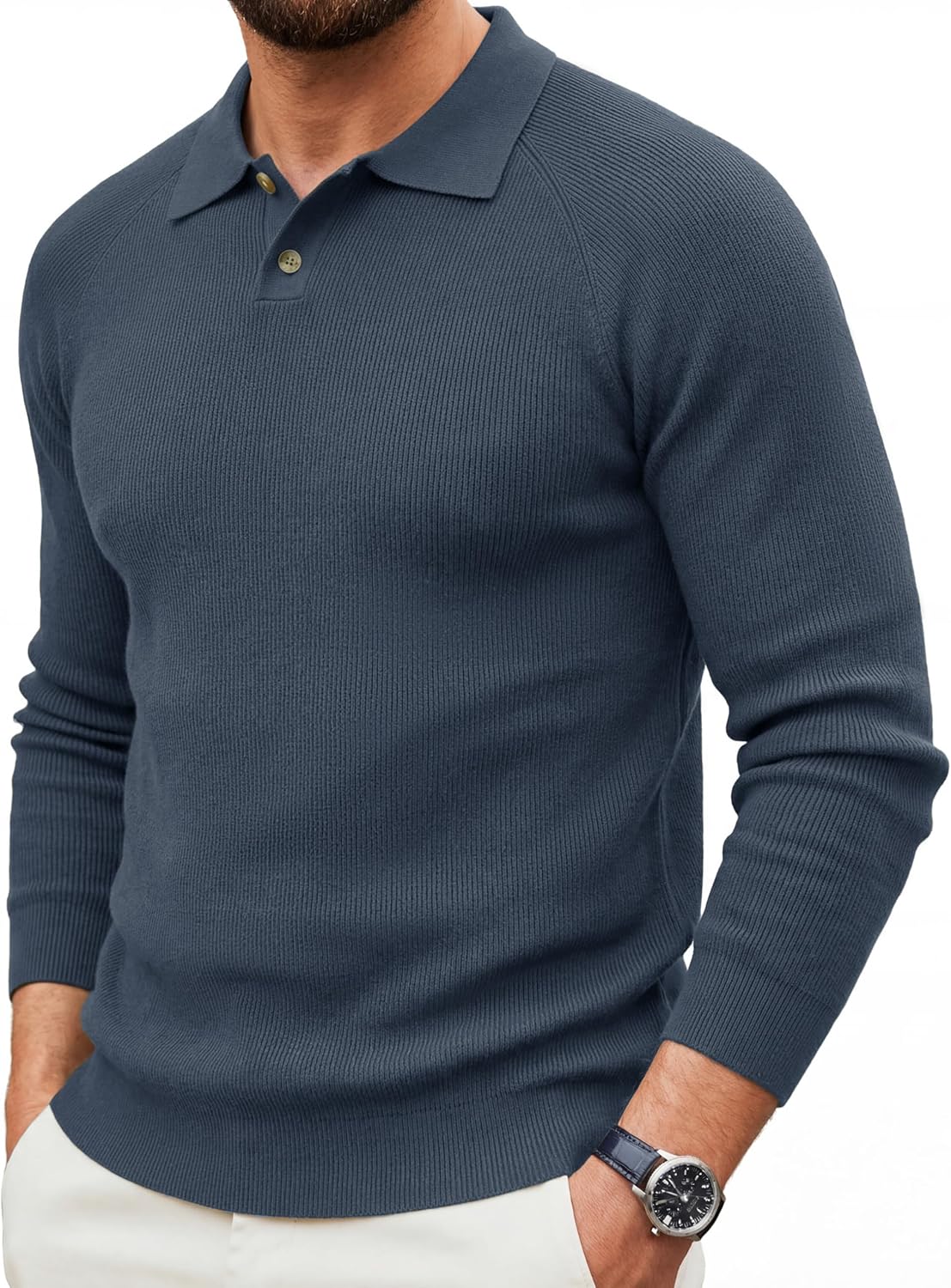 MAGNIVIT Mens Long Sleeve Knit Polo Shirts Casual Raglan Sleeve Sweater 2-Button Down Anti-Pilling Golf Shirts