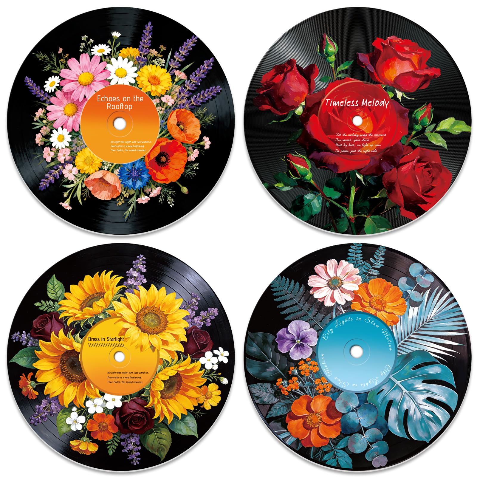 DOODLREAM 4Pcs Vibrant Flower Vinyl Record Wall Decor 30 cm Mixed Flower Rose Sunflower Wall Art Posters for Room Aesthetic, Retro Record Decor for Music Party Studio Living Room DIY Craft Project