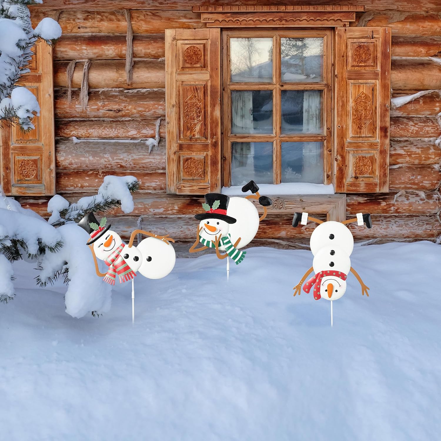 Glitzhome Set of 3 Metal Snowman Christmas Yard Sign with Stake, 24" H Xmas Decorative Wall Hanging Decoration for Garden Home Lawn Pathway Walkway
