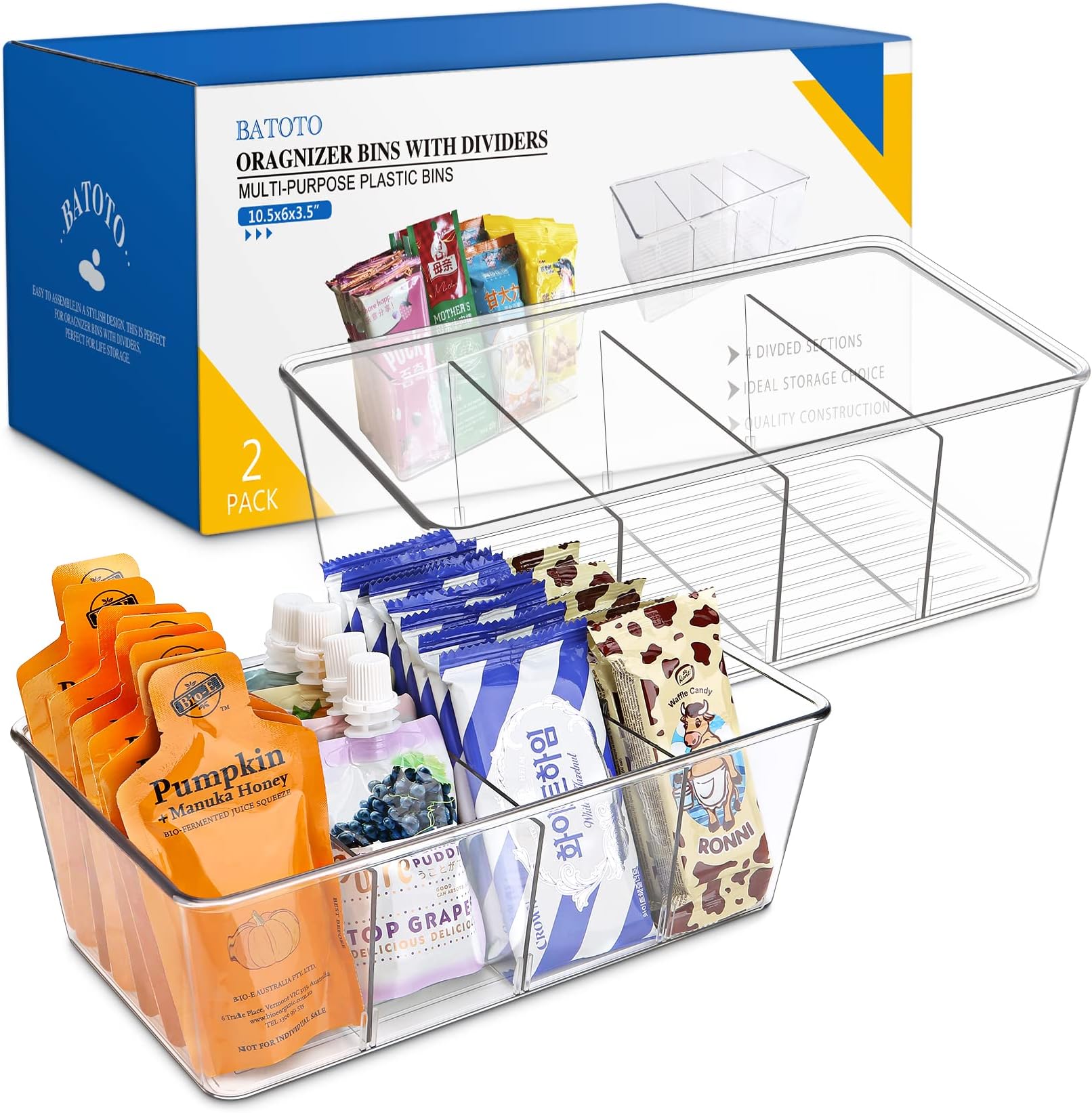 Batoto Pantry Organization and Storage Bins, Refrigerator Organizer Bins – Clear, Kitchen Organization and Storage with Dividers (2 Pack)