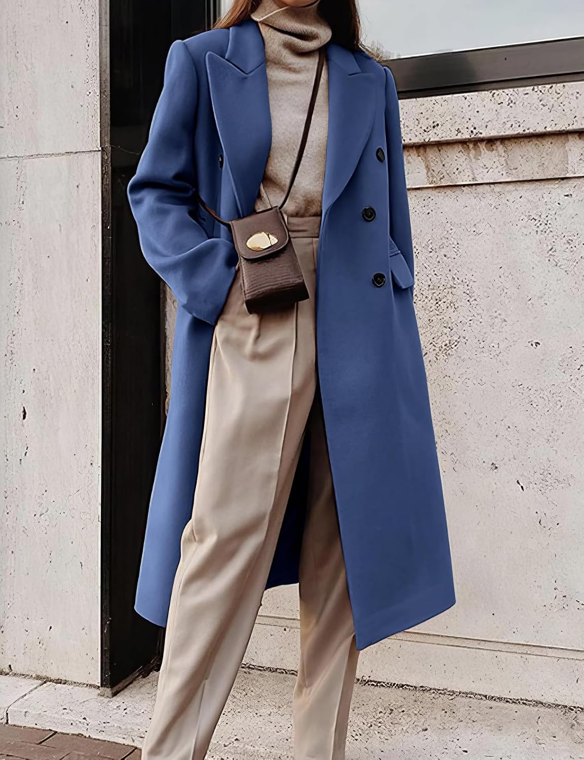Kinghua Wool Coats for Women Fall Winter Dress Pea Coat Double Breasted Jackets Long Trench Coat Peacoat