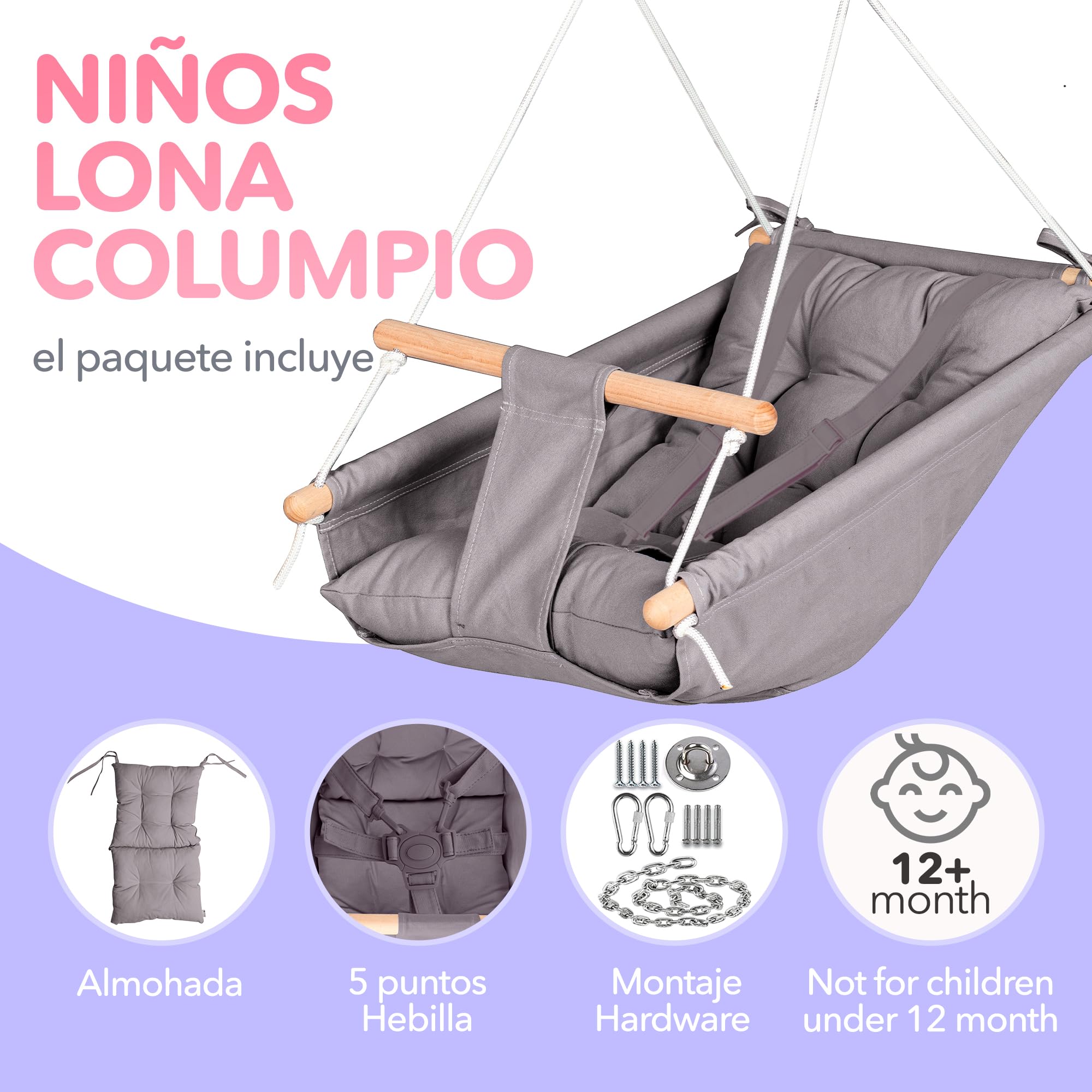 Columpio de Lona Baby by Cateam - Gris - Silla Columpio de Madera para bebé con cinturón de Seguridad y herrajes de Montaje. Bebé Hamaca Silla Regalo de cumpleaños.