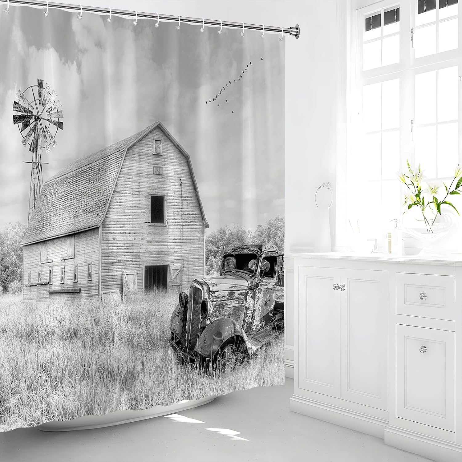 Vintage Farm Truck Shower Curtain Western Rustic Barn Old Antique Car Farmhouse Country Windmill Retro Country Natural Bathroom Curtains Set with Hooks 70W x 90H inch