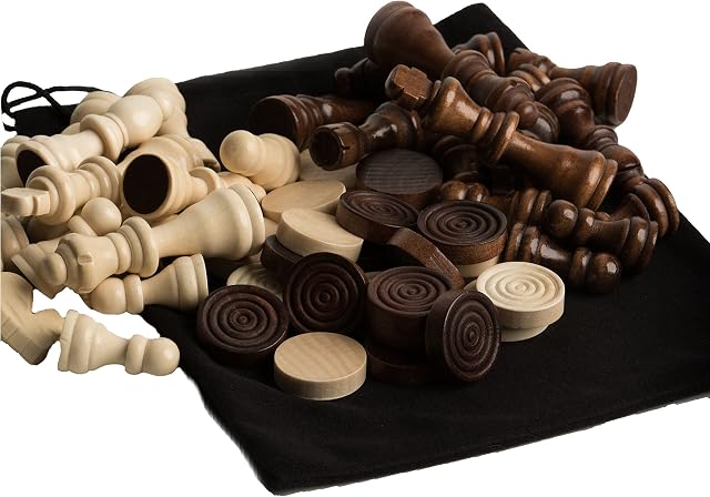 GrowUpSmart Staunton Style Chess & Checkers Pieces Set Made Of Wood In Velvet Bag - For Replacement Of Missing Pieces Or If You Only Have A Chess Board