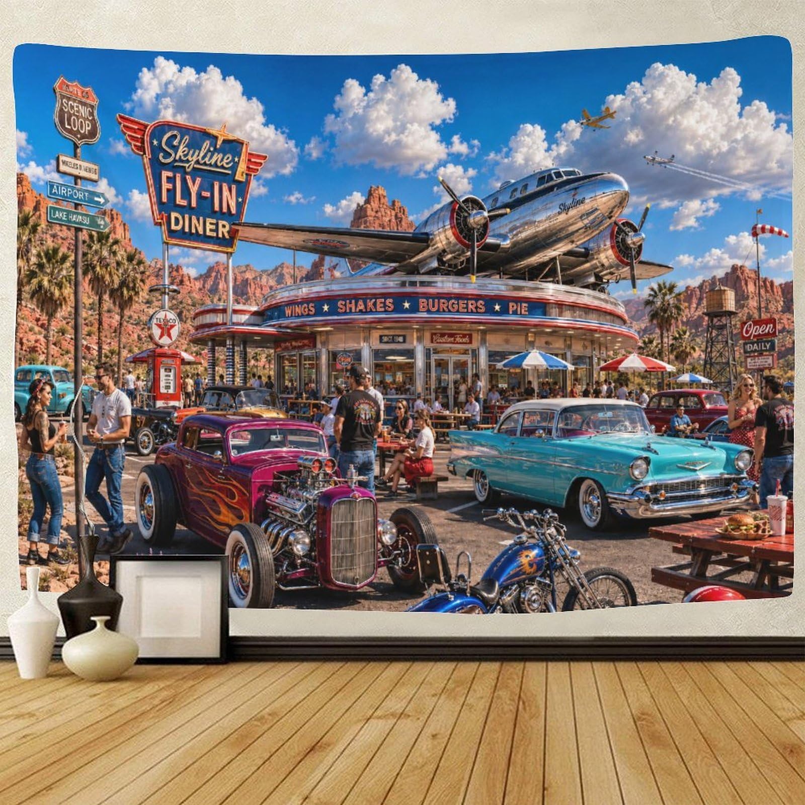 ASDFGHJKLZA Route 66 Vintage Aircraft Wall Hanging Decor Tapestry for Bedroom 3D Print Tapestries Poster Curtain Living Room Dorm 100cmx150cm