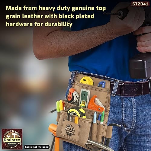 Miniatura 7 de Graintex ST2041 - Bolsa de 9 bolsillos para uñas y herramientas de cuero natural de grano superior para enmarcadores, constructores, electricistas,