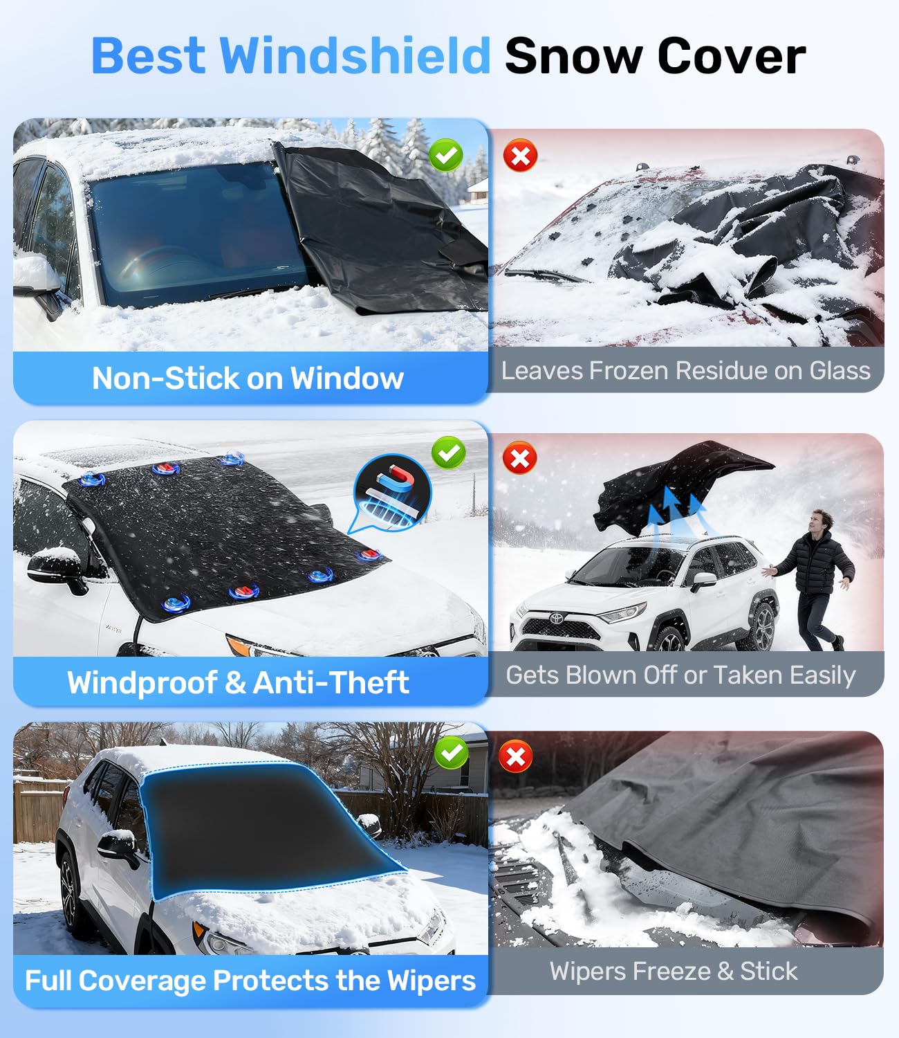 Zanch Upgrade Windshield Cover for Ice Snow Fast Install Removal 600D Oxford Fabric Against Magnetic Fit Snow Ice — view 5