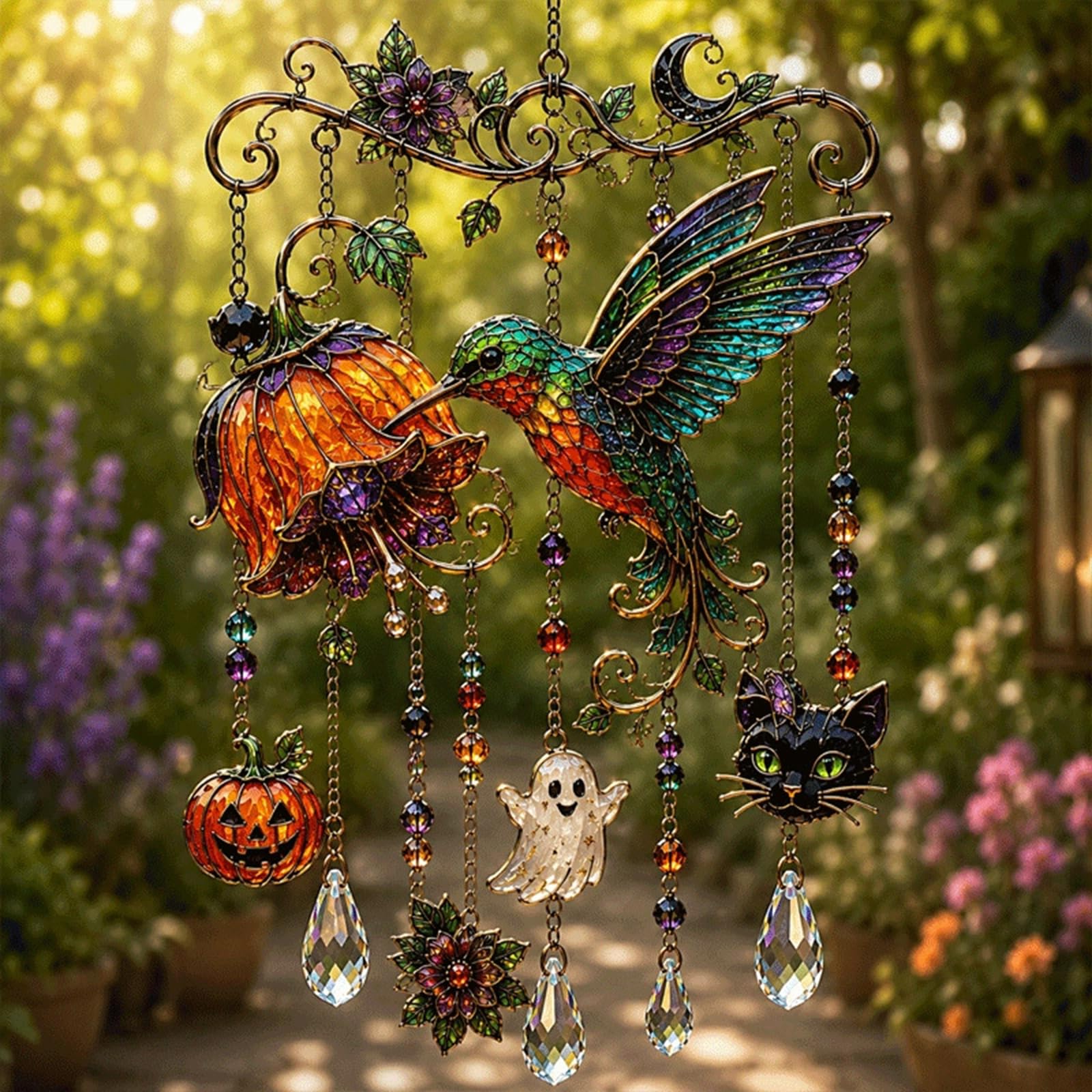 Halloween-Themed Crystal Wind Chime, Halloween Glass Suncatcher Wind Chime