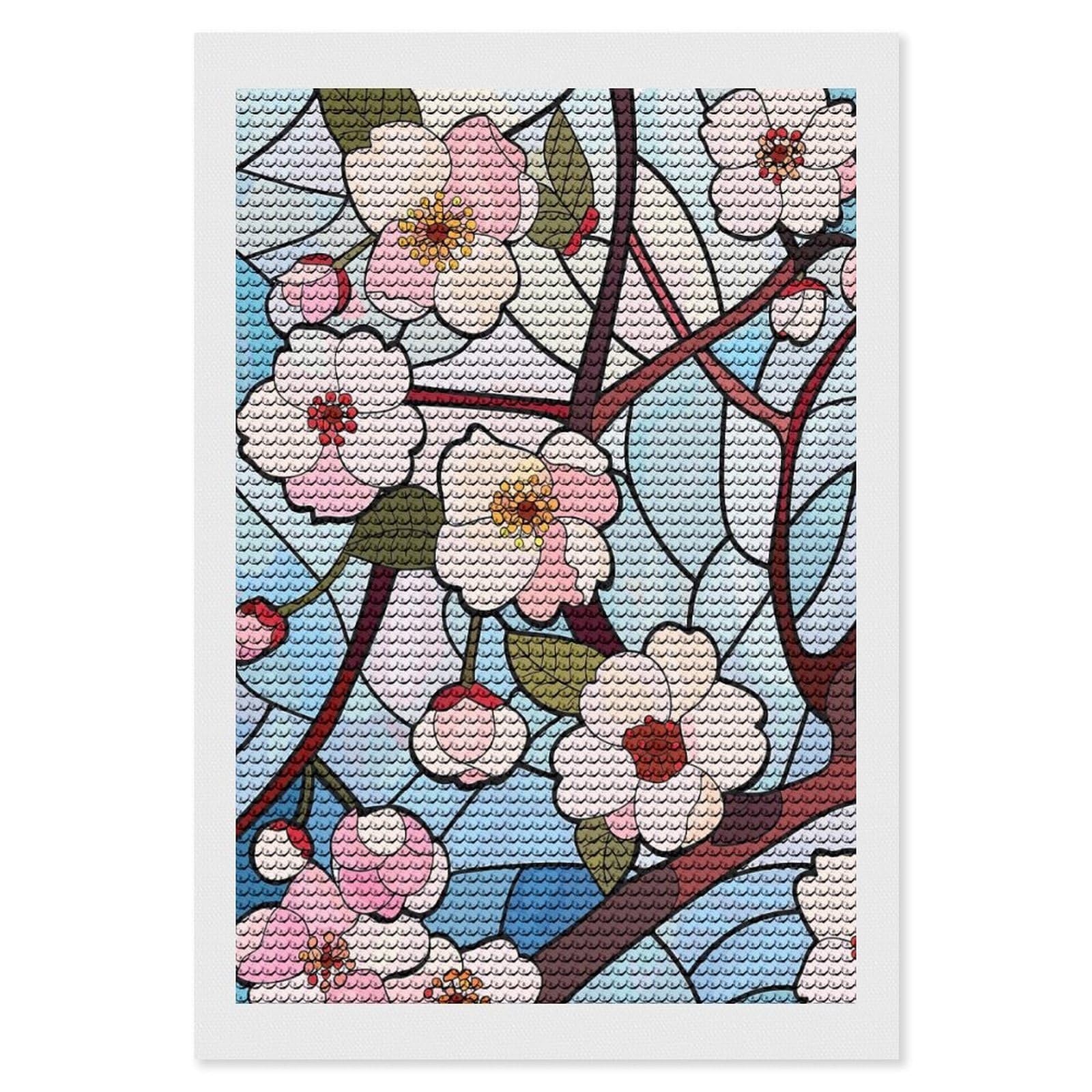 Junmoney Stained Glass Cherry Blossoms DIY Diamond Art Canvas Kit 8"x12", Pleasing Wall Art Project, Easy Handmade Project, Living Room Decor