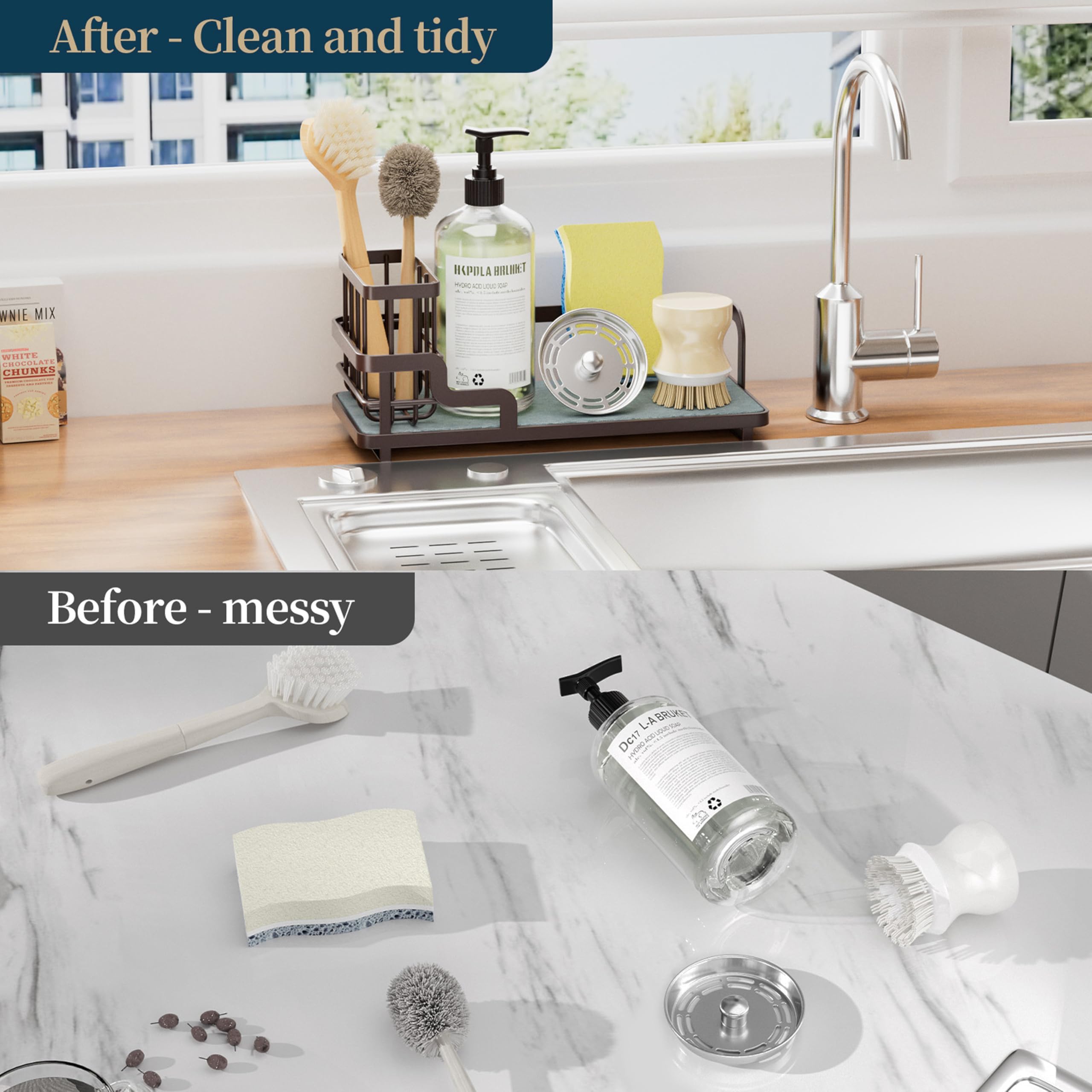 Consumest Schwammhalter für Küchenspüle – Spülbecken-Caddy Organizer mit wasserabsorbierender Steinablage, abnehmbarer Bürstenhalter, Edelstahl-Küchentheken-Organizer, Rack, Bronze