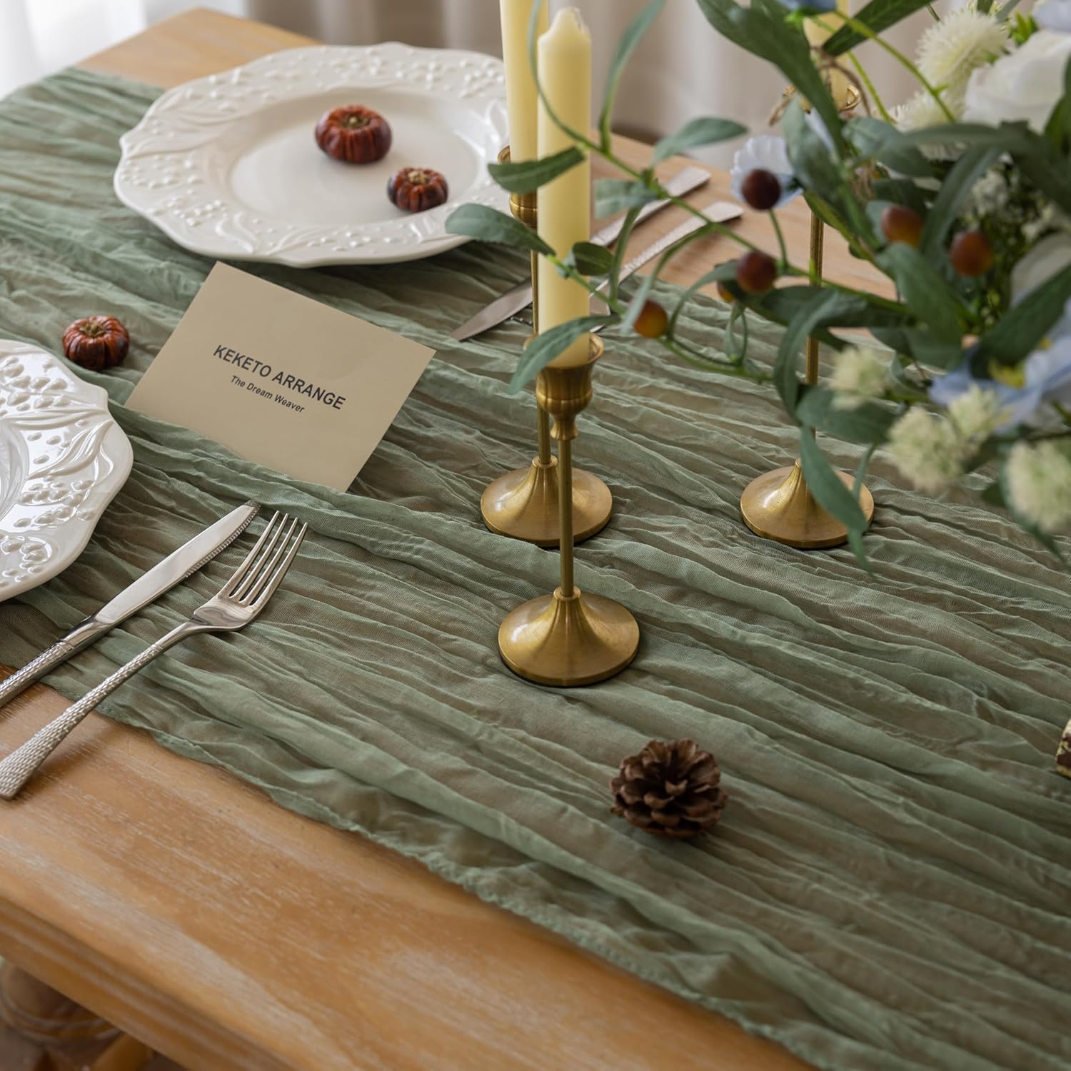 Keketoarrange Sage Green Table Runner Easter Sheer French Country Decor Rustic Gauze Bali Yarn Cheesecloth 120 Inch 10 FT Cheese Cloth for Wedding Baby Bridal Shower Party Spring Home Decorations - Image 3