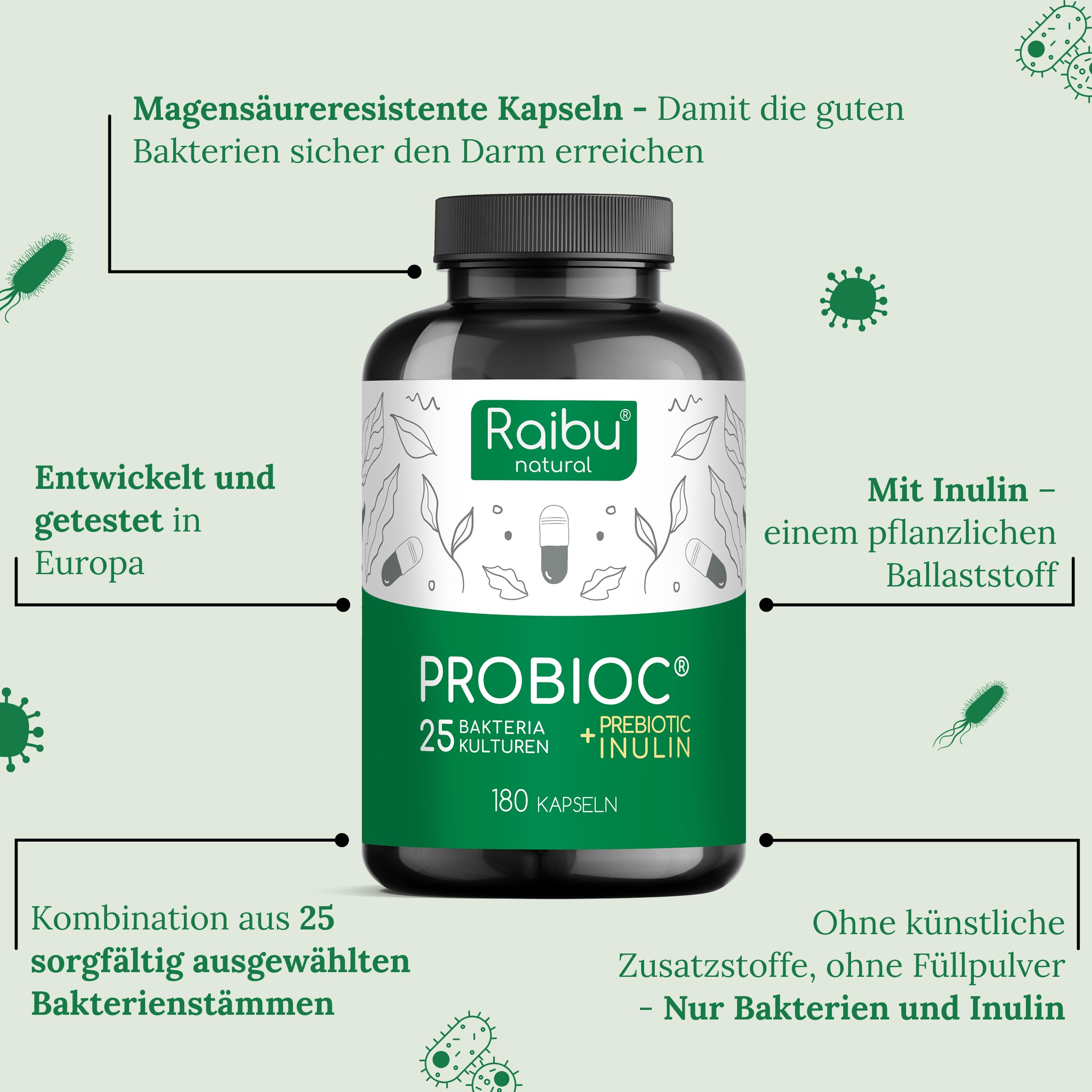Probioc Kulturen Komplex - 25 Bakterienstämme + Inulin - 300 Mrd. KBE/g - 180 hochdosierte & magensaftresistente Kapseln - mit Lactobacillus & Bifidobakterien - Raibu