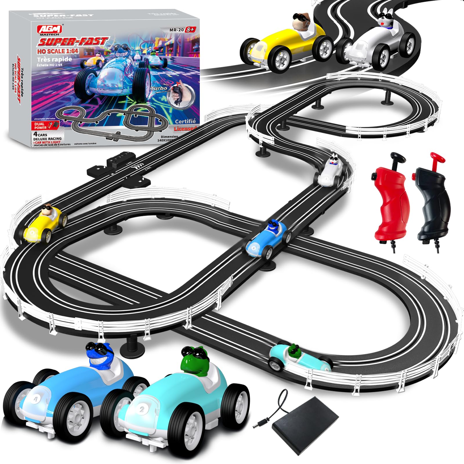 AGM MASTECH Super-Fast Slot Car Race Track Set with 4 LED Light-Up Cars, 23ft Electric Racing Track with Crossover, Cartoon Animal Drivers, Dual Power, Toys for Kids Boys Age 8+