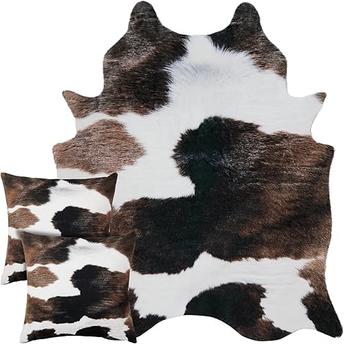 Amylove 3 piezas incluyen 1 alfombra de piel de vaca sintética y 2 fundas de almohada de vaca, alfombra de piel de vaca sintética de invierno,