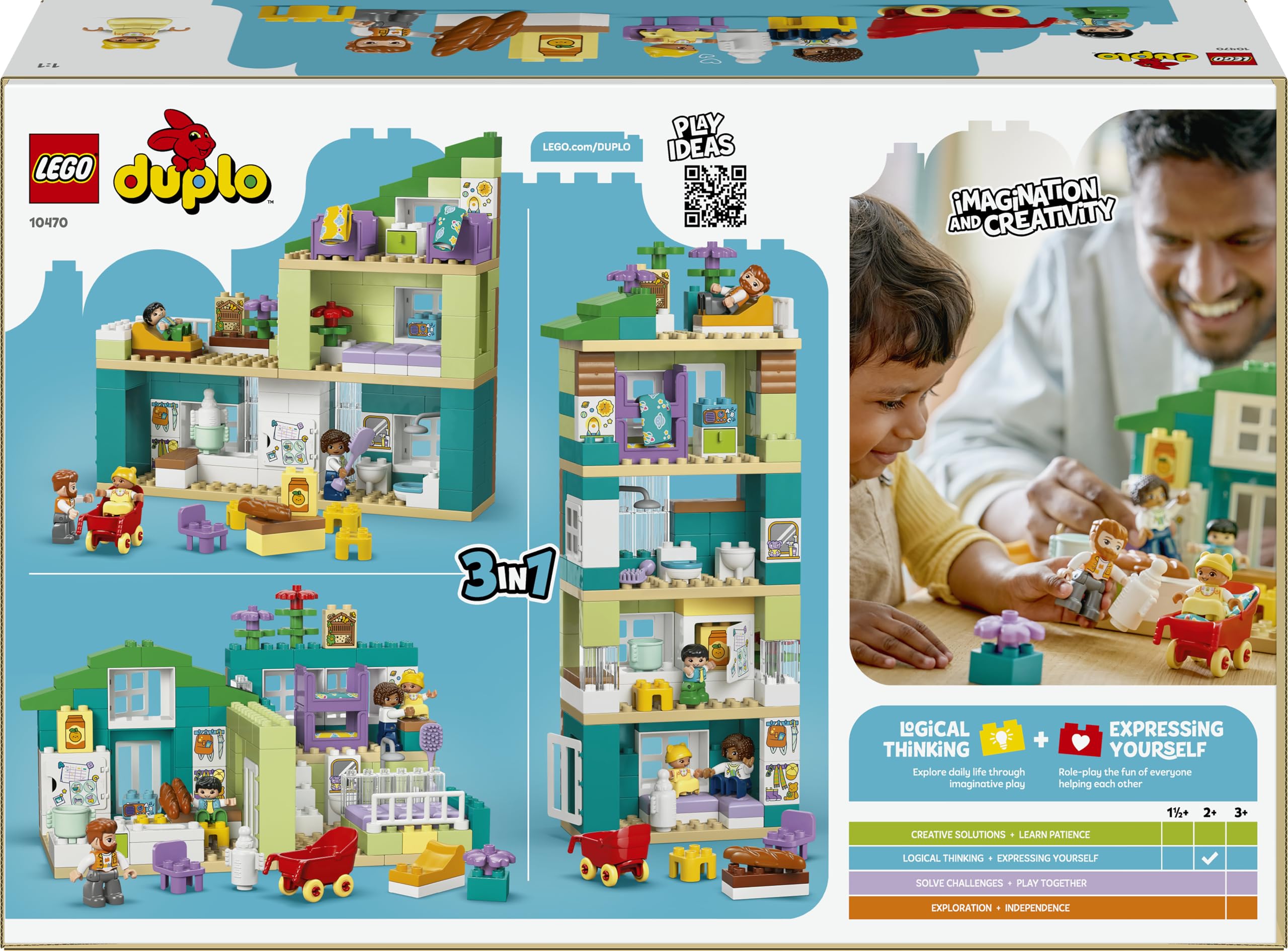 LEGO Duplo Casa Familiar Moderna “3en1” con Figuras - Juego Educativo para la Motricidad Fina - Juguete Montessori Interactivo con Casa de Muñecas - Regalo para Niñas y Niños de 2+ Años - 10470