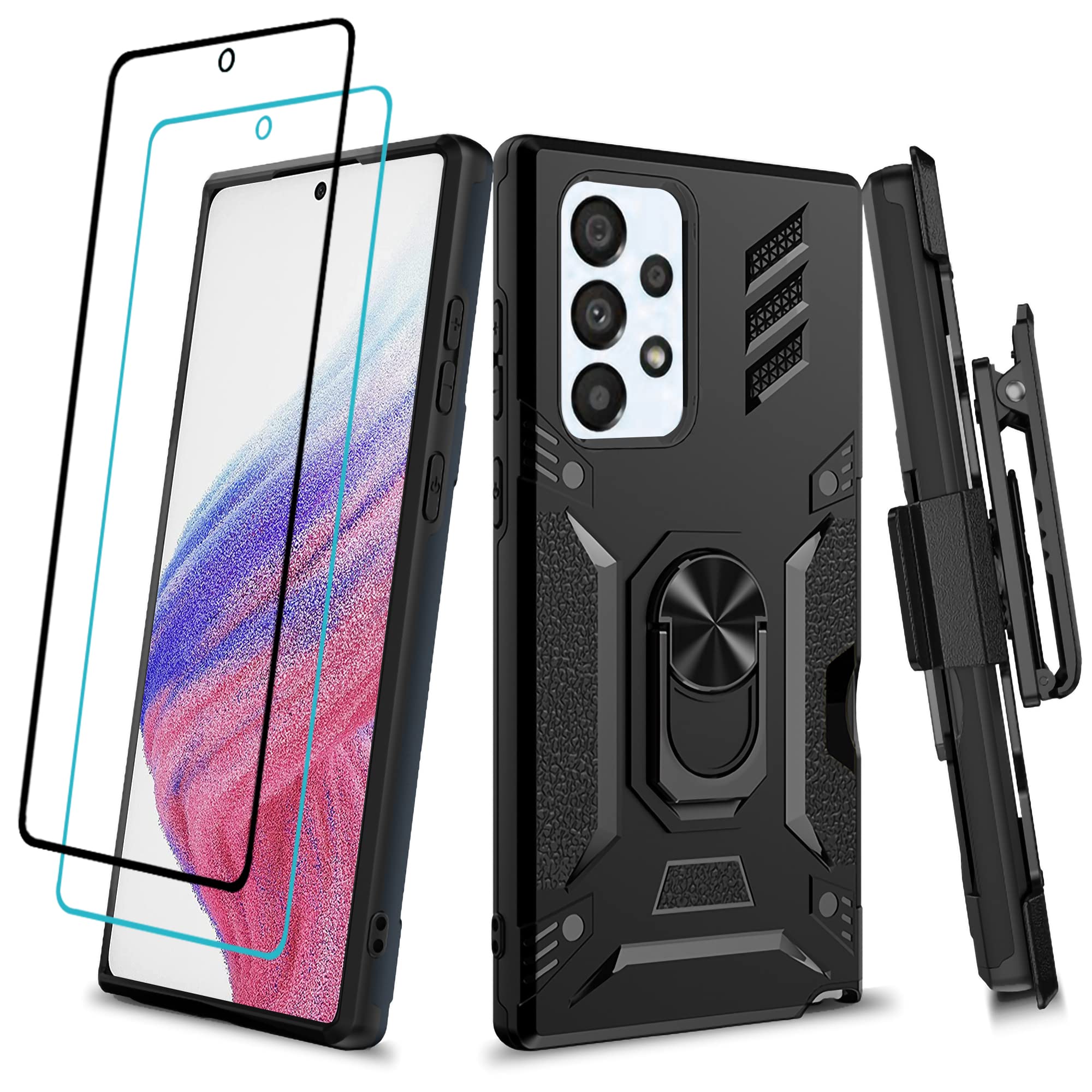 for Galaxy A53 5g Case with [2X Glass Screen Protector], Samsung Galaxy A53 5g Case with Holster Belt Clip, Shockproof [Military-Grade] Cover with Kickstand Ring for Galaxy A53 5g, Black