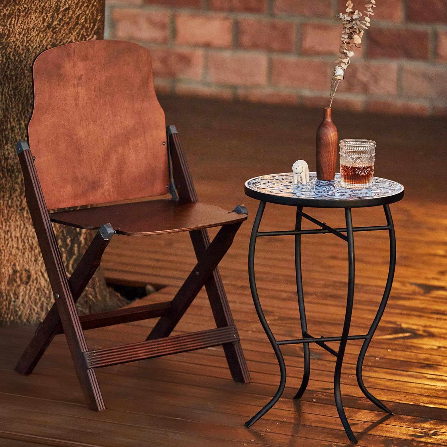 VONLUCE Mosaic Side Table and Plant Stand, 21" Round End Table with 14" Ceramic Tile Top, Indoor & Outdoor Accent Table, Porch Patio Furniture, Entryway & Coffee Table for Home & Garden, Blue Mandala