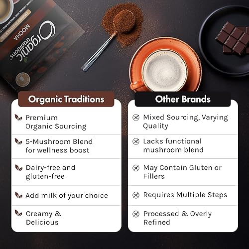 Miniatura 3 de Organic Traditions Café de hongos moca  Café orgánico instantáneo de hongos con cacao, melena de león, chaga, cordyceps, reishi, melena de león y