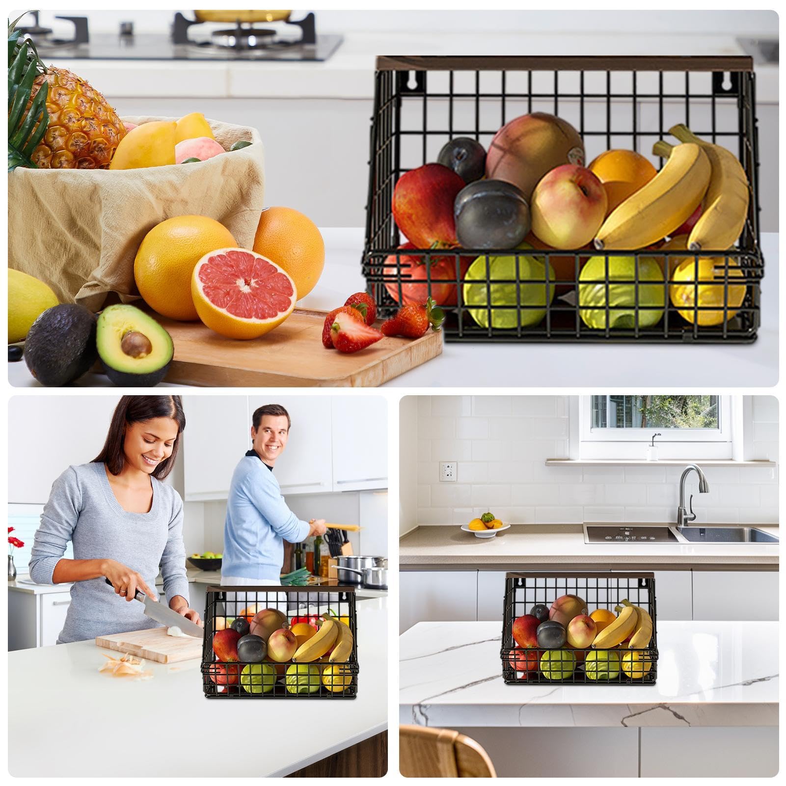 Panier Corbeille A Fruit Murale Pour La Cuisine, Empilable Panier Rangement Pour Fruit Basket Avec 4 Crochets De Cintre De Banane, Corbeille En Métal Pour Ranger Les Fruits Et Les Légumes