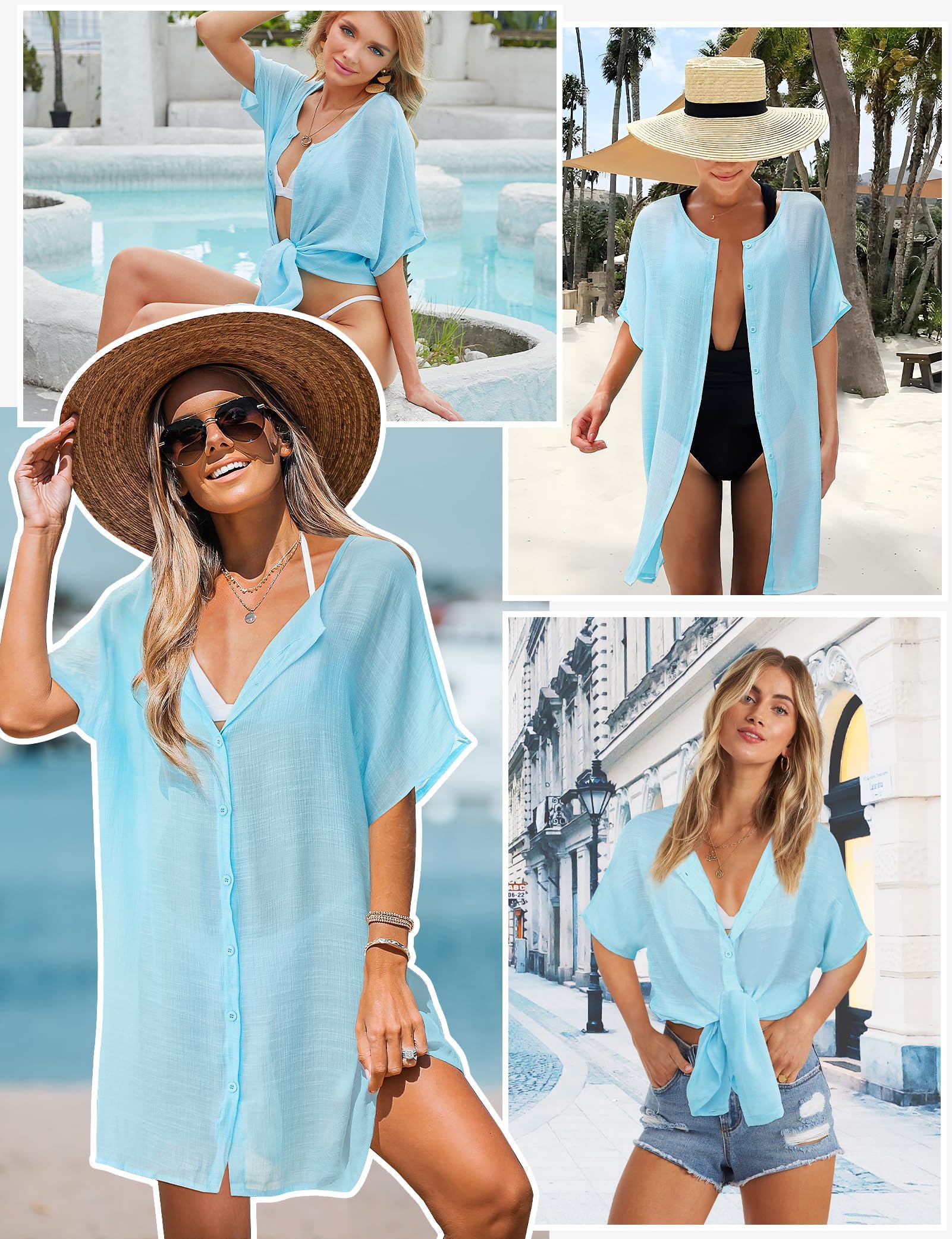 MELLIEX Damskie bawełniane okrycia plażowe letnie guziki strój kąpielowy strój kąpielowy z szerokimi rękawami z krótkim rękawem Bikini Cover Up