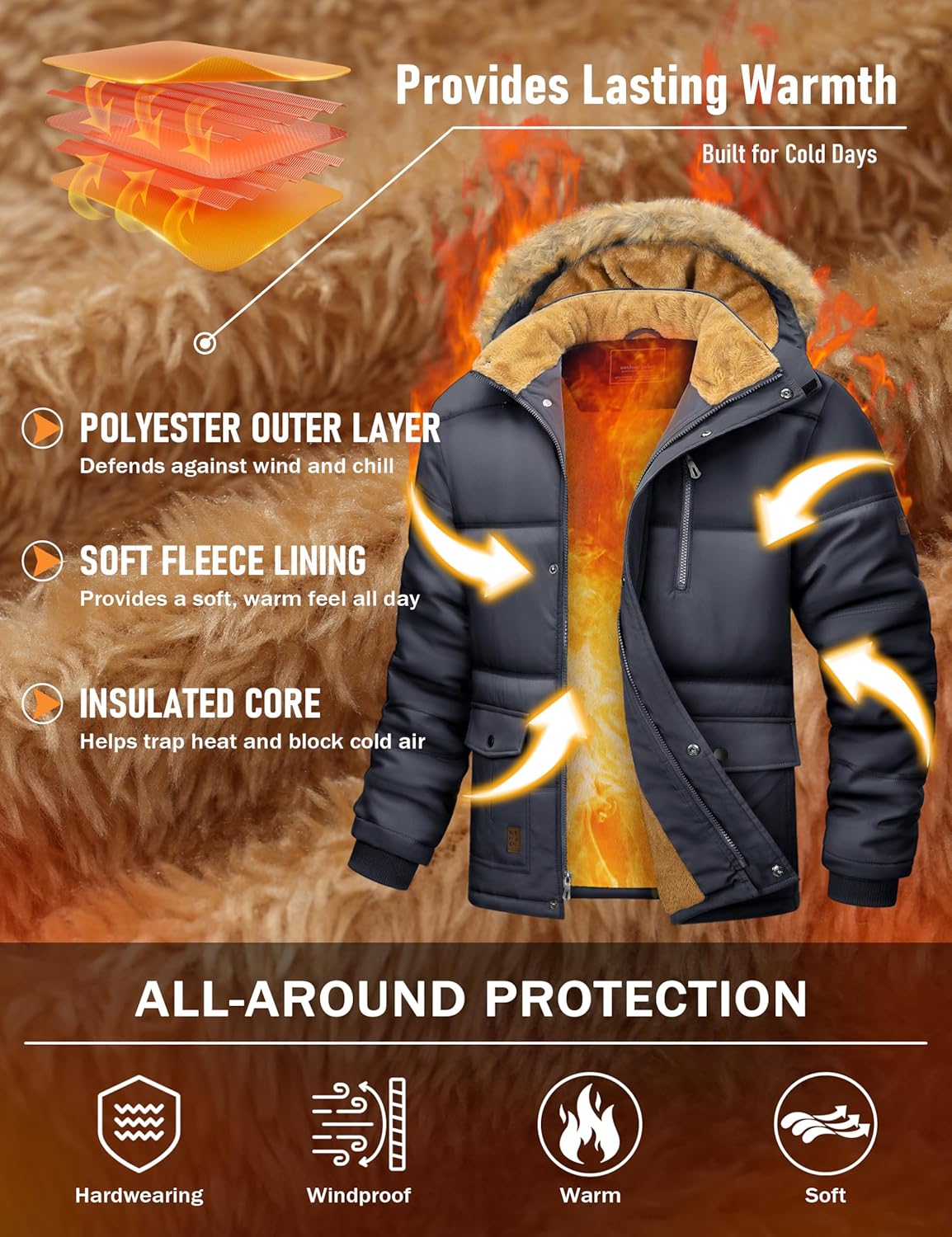 MAGCOMSEN Men's Winter Jacket Fleece Lined Water Repellent Windproof Warm Parka Winter Coat with Hood - Image 4