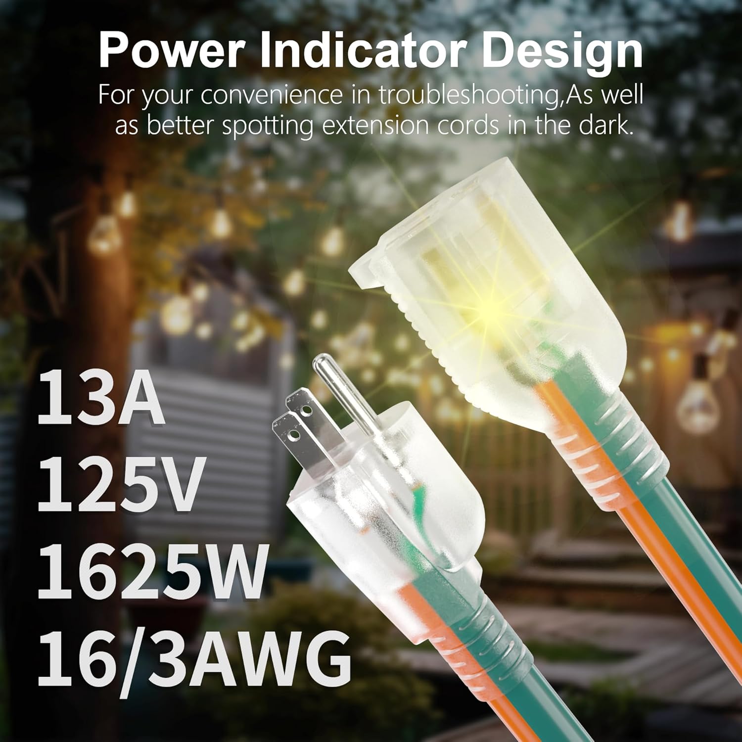 HUANCHAIN 16 Gauge 50 ft Outdoor Extension Cord with Lighted End, Flexible Cold-Resistant 3 Prong Electric Cord Waterproof Outside, 13Amp 1625W 16AWG SJTW, Orange Green, ETL
