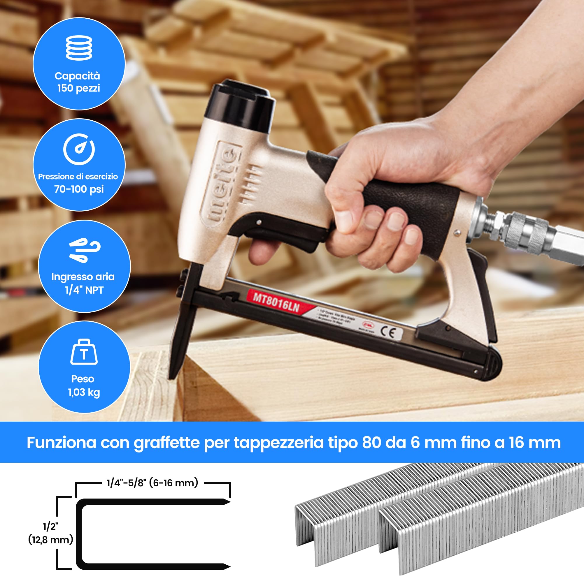 meite MT8016LN Graffettatrice Pneumatica a Naso Lungo, Sparachiodi ad Aria Compressa per Tappezzeria e Lavorazione del Legno, 21GA Tipo 80, Graffette 6–16 mm per Falegnameria e Fai da Te
