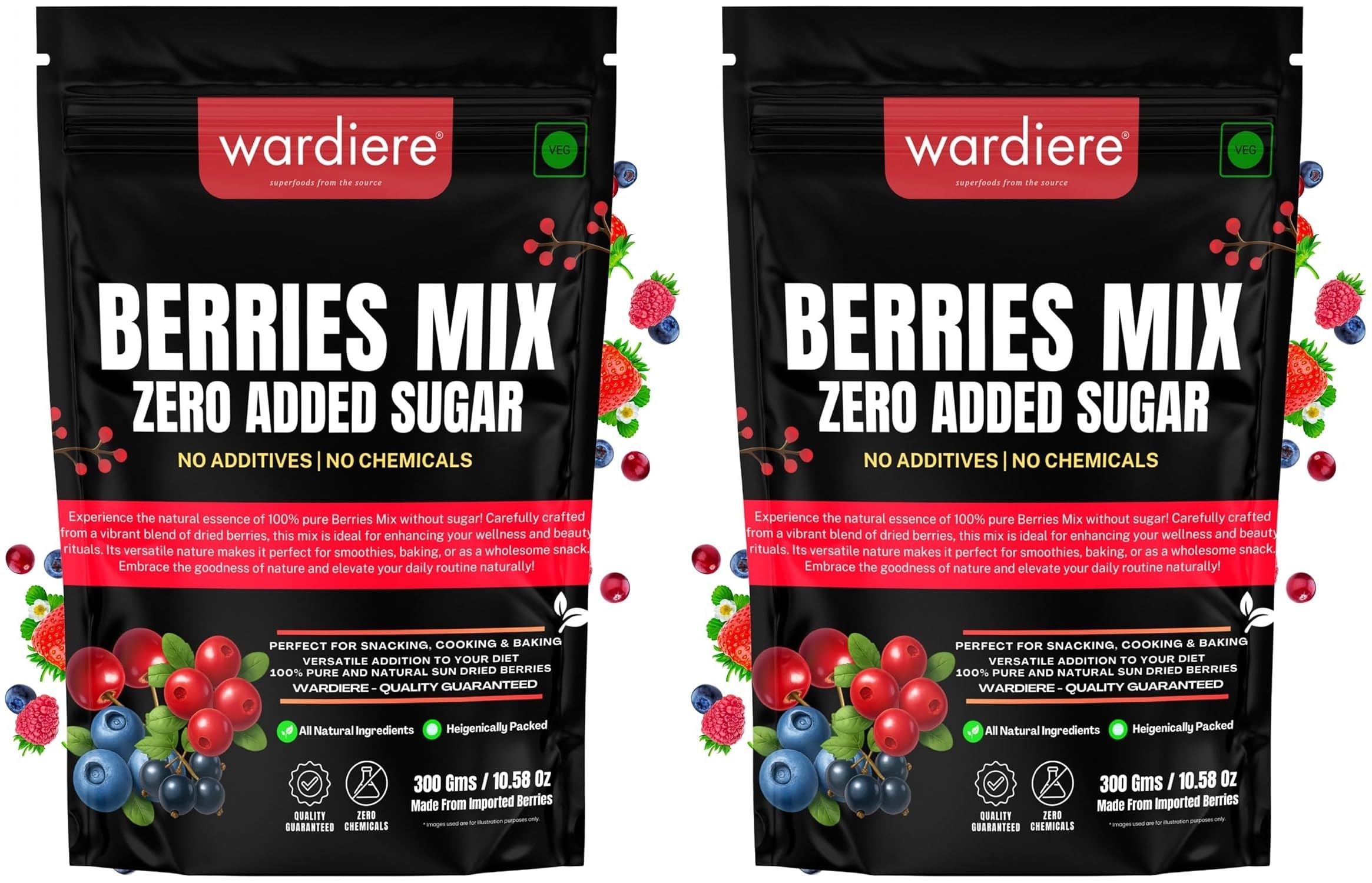 Wardiere Organic Berries Mix Excellent Naturally Dried Berries Mix Without Sugar Certified Organic, 300 Gram x 2