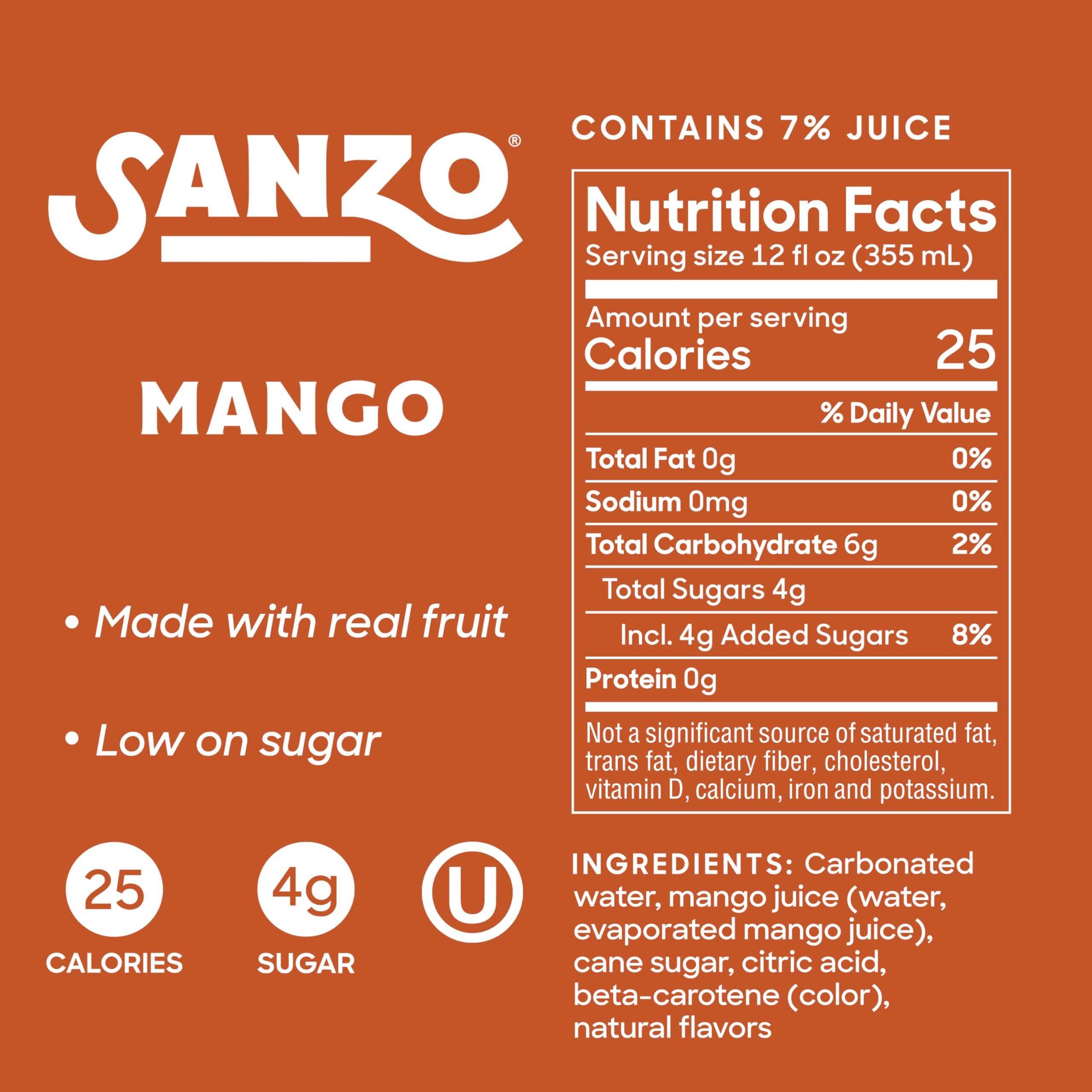Sanzo Flavored Sparkling Water - Mango Seltzer - Low Calorie Low Sugar - Craft Asian Drinks - Vegan Gluten Free Carbonated Flavored Water - Fizzy Bubbly Healthy Drinks - 12oz, 6 Pack