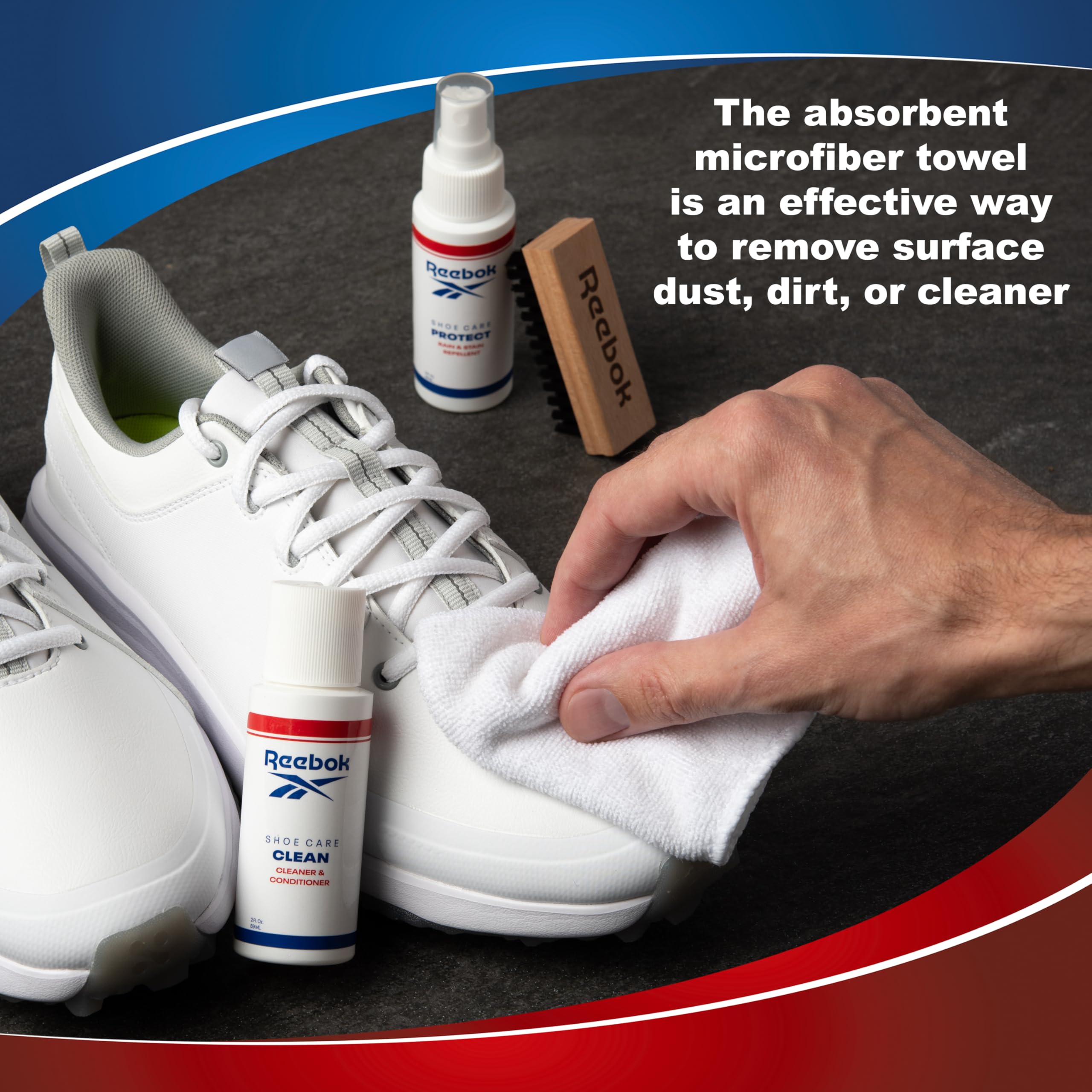 Reebok Athletic Kit - Kit de limpieza de zapatos para tenis, malla, cuero, gamuza y lona - Kit de limpieza de zapatos, incluye limpiador de zapatos de 2 onzas, spray protector de zapatos de 2 onzas,