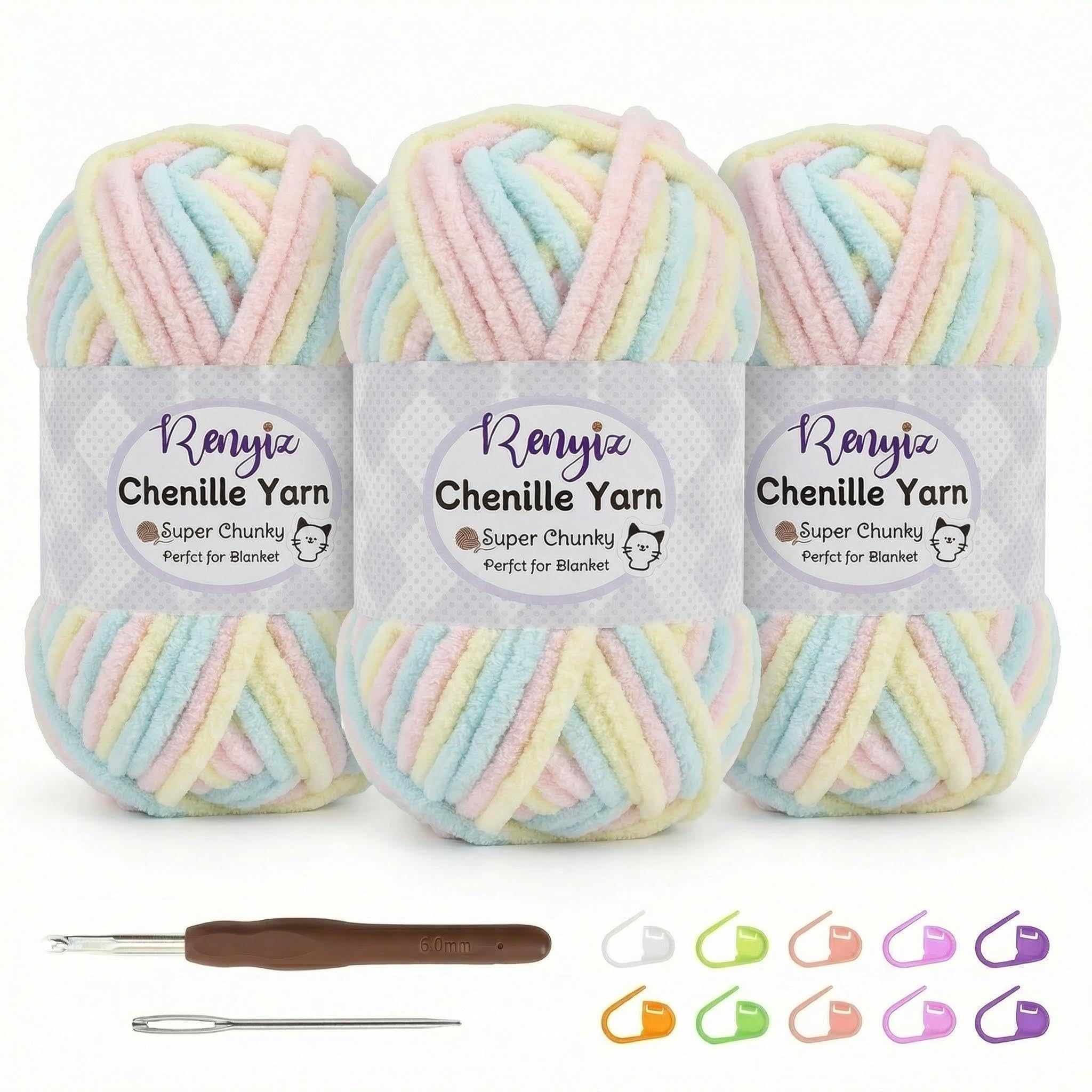 Renyiz Chunky Chenille Yarn for Crochet Kit - 3 Skeins Chenille Wool (100g Each) Soft Fluffy Thick Yarn, 6mm Crochet Hook Included for Beginners DIY Blankets (Marshmallow -3)