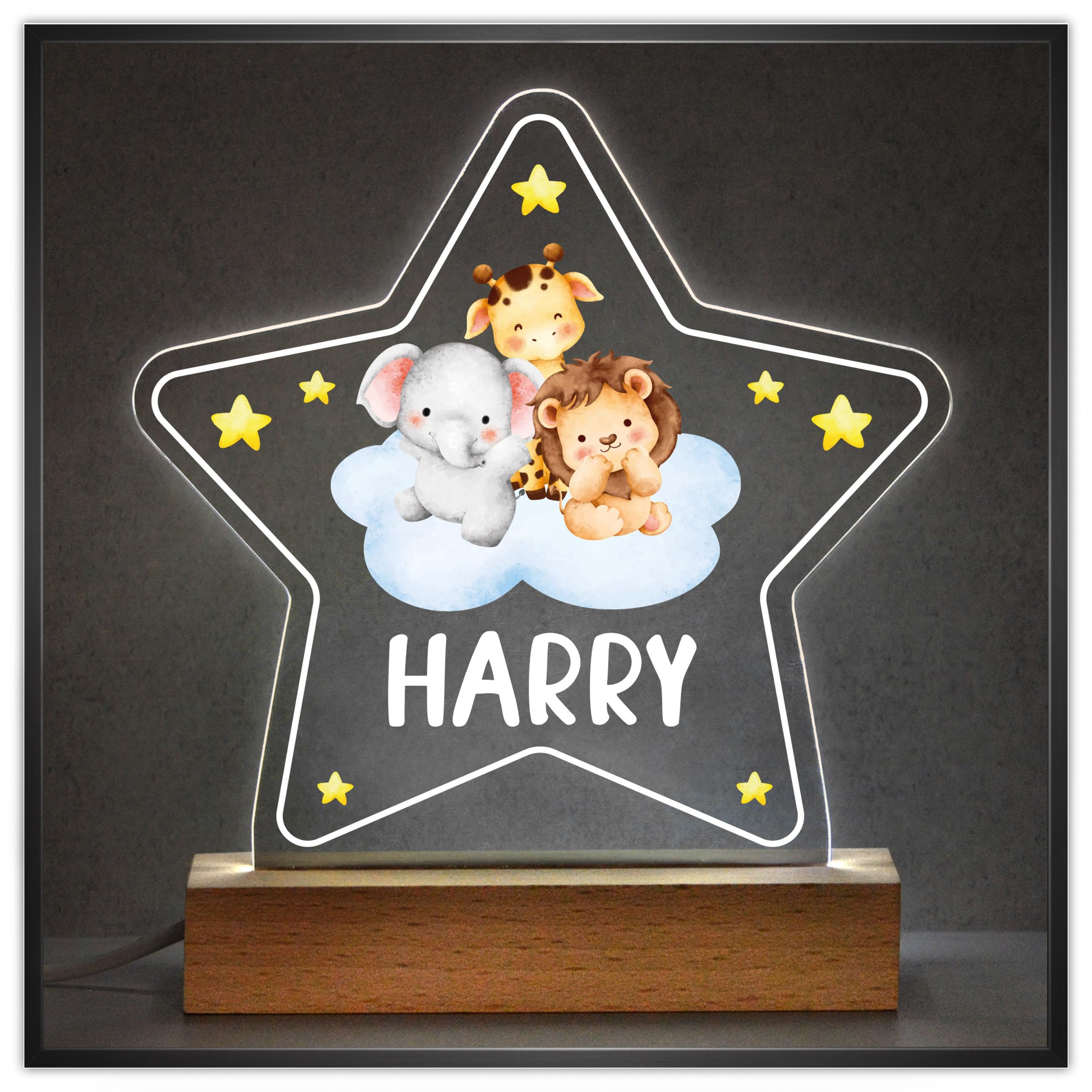 Girls or Boys Nursery Night Light with Childs Name, Personalised Jungle Safari Night Light For Baby Nursery, Acrylic LED Nursery Bedside Table Light, Lion Elephant Giraffe Baby Sleep Light