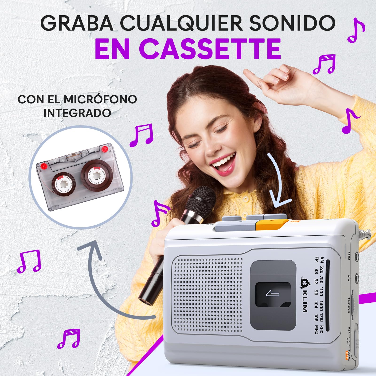 KLIM K8 Reproductor Cassette - Nueva versión - Cassette Player - Am/FM Radio - Micrófono y Altavoz Integrados - Conector para Auriculares y Auriculares - Blanco