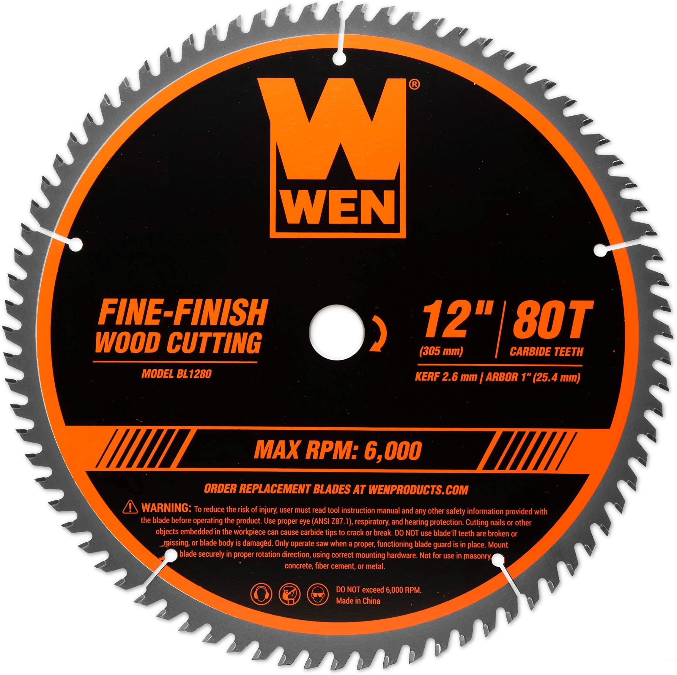 WEN BL1280 12-Inch 80-Tooth Fine-Finish Professional Woodworking Saw Blade for Miter Saws and Table Saws
