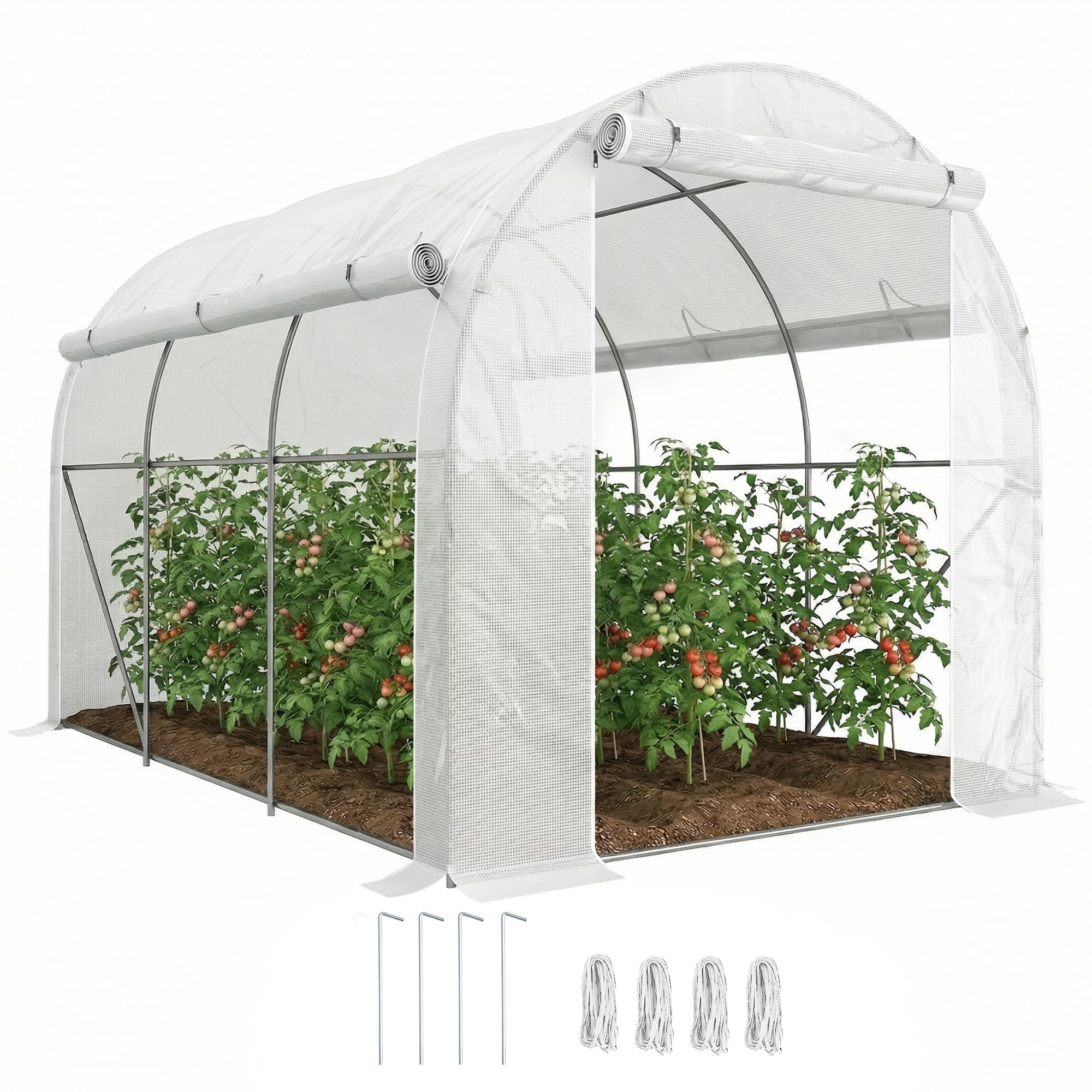 Outsunny Serre de Jardin 6 m² 3 x 2 m avec 1 Porte + 2 parois latérales zippées enroulables, 6 fenêtres, Acier galvanisé PE Haute densité 140 g/m² Anti-UV Blanc