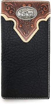 Western Tooled Genuine Leather Cowhide Cow fur Praying Cowboy Mens Long Bifold Wallet in 3 colors Plain Leather Black