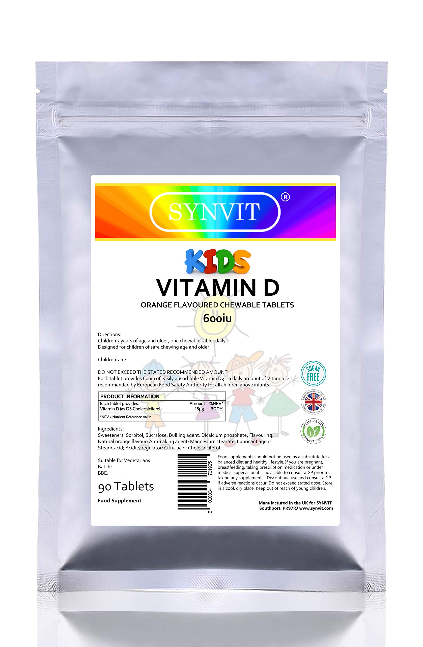 Kids Vitamin D3 600iu Chewable Tablets Orange Flavour | 3 to 12 Years SYNVIT