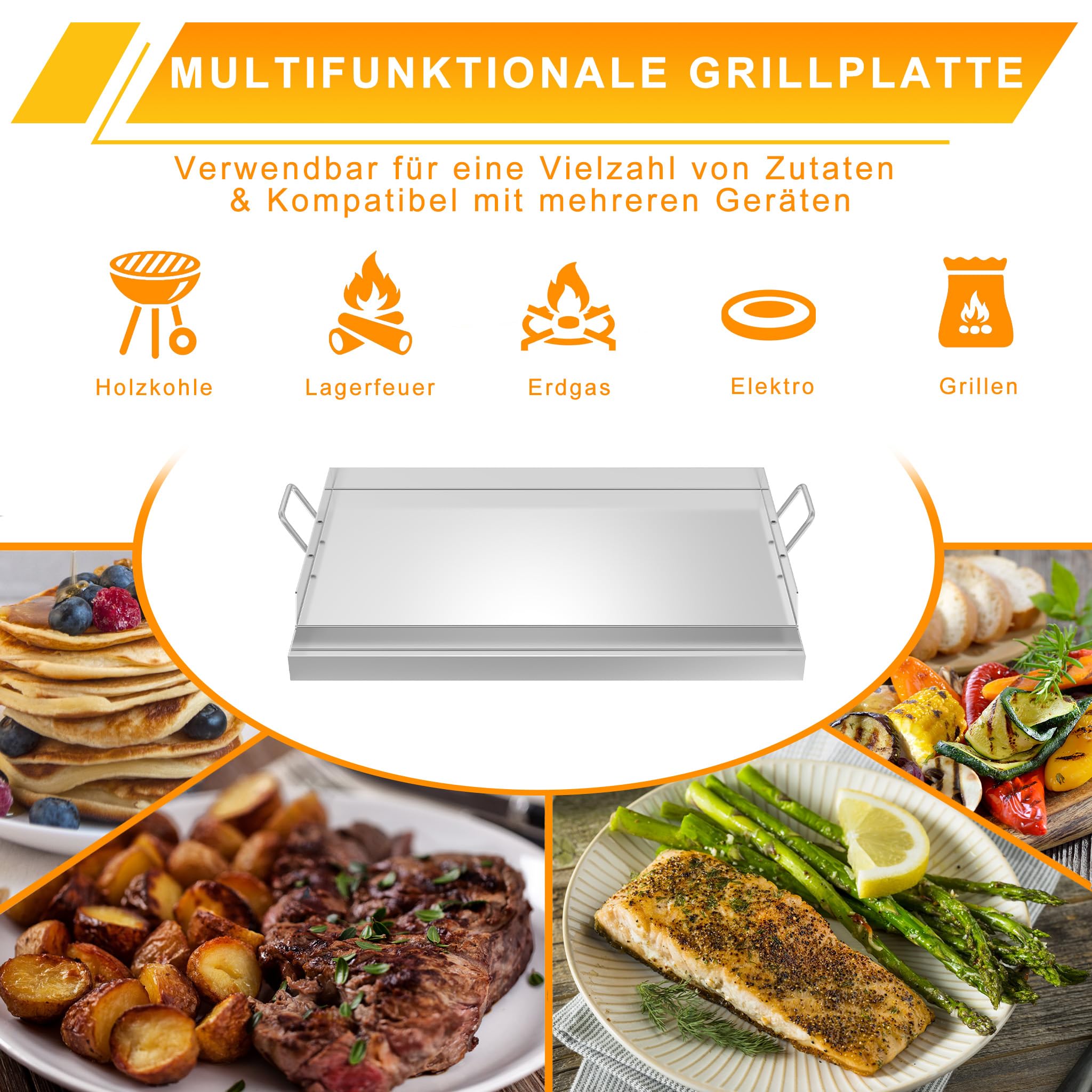 Plancha płyta grillowa ze stali nierdzewnej, 54 x 32 x 7 cm (4 mm), z praktycznym zestawem szpachli do grilla – idealna do grilla gazowego i grilla na węgiel drzewny | nierdzewna płyta BBQ (z