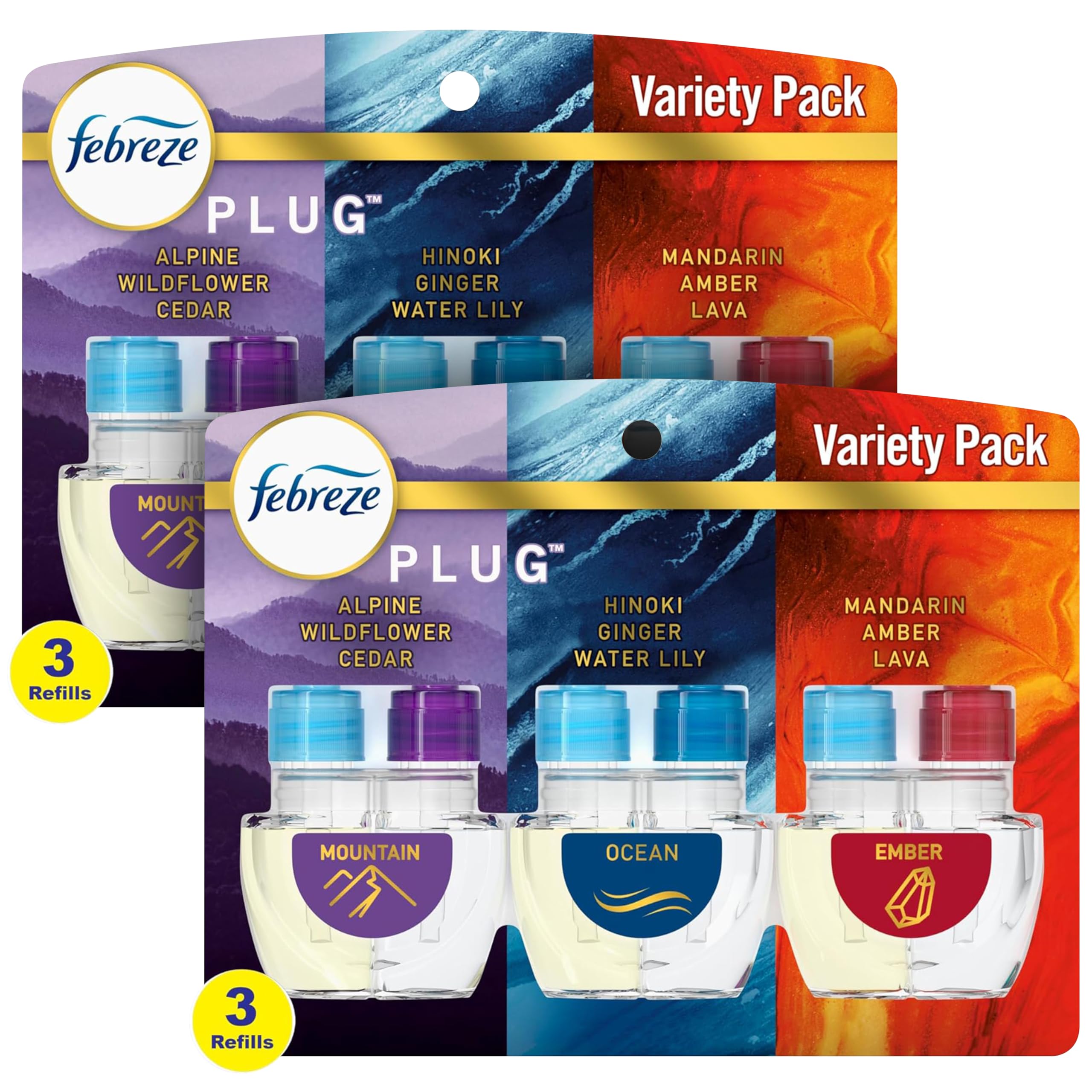 Febreze Odor-Fighting Fade Defy PLUG Air Freshener Mountain Ocean Amber 3 Ct 0 87 fl oz Each Pack