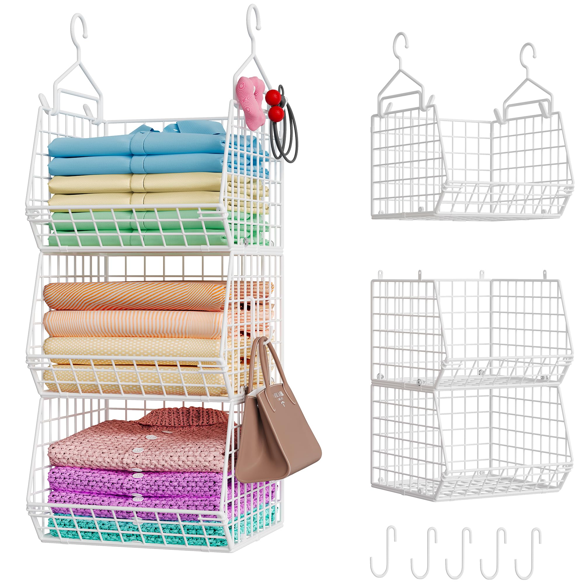 X-cosrack 3 Tier Foldable Closet Organizer, Clothes Shelves with 5 S Hooks, Wall Mount&Cabinet Wire Storage Basket Bins, for Clothing Sweaters Shoes Handbags Clutches Accessories-White Patent Design
