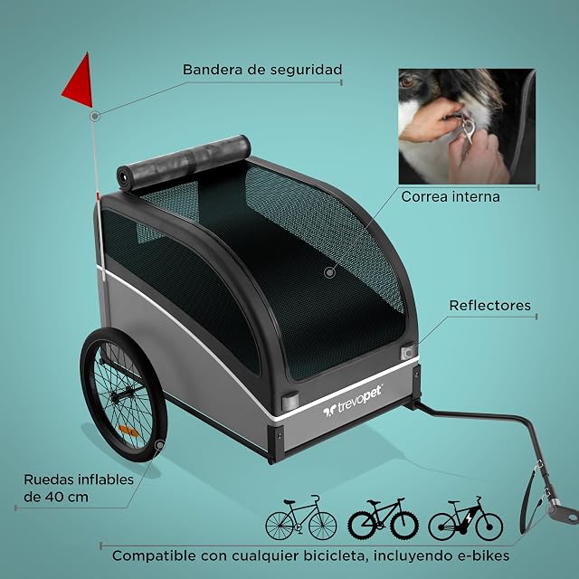 Foto 8 de 8 de Trevopet® Remolque para Perros - Carrito Plegable hasta 40 kg con Enganche y Reflectores - Resistente al Agua