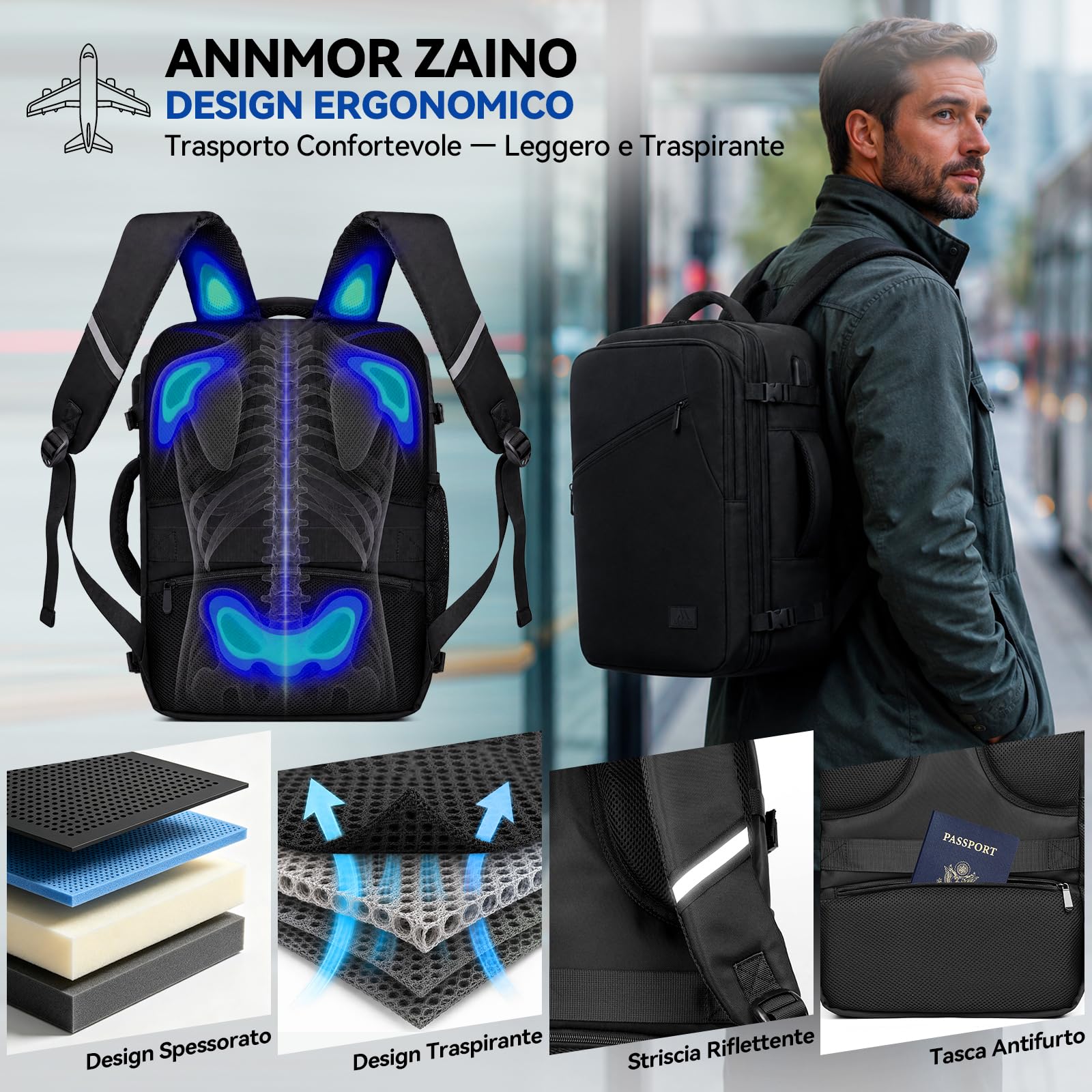Zaino da Viaggio, 24L Zaino da Cabina 40x30x20 Conforme Ryanair, Espandibile fino a 30L per Laptop 15,6" e Porta USB, Ideale per Viaggi Brevi e Weekend - Nero