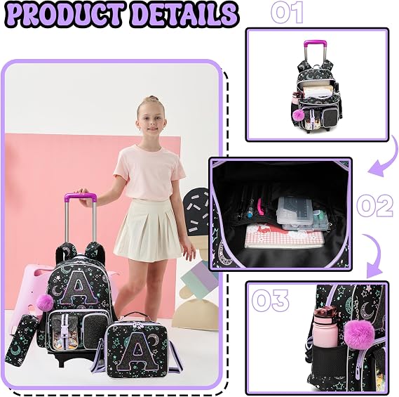 HTgroce Kid's Rolling Backpack School Bags for Girls College Student Travel Trip Travel School Children, Toddler Backpack with Wheels Laptop Luggage with Lunch Box, Pencil Case for Boys Girls