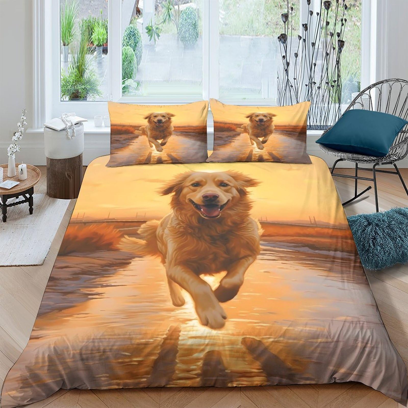 Ctjqhvkz Style-1 3D Printed Golden Retriever Sunset Fitted Sheet Microfiber Anti-Slip Mattress Cover Bedroom Guest Room Decor Single（135X200cm）