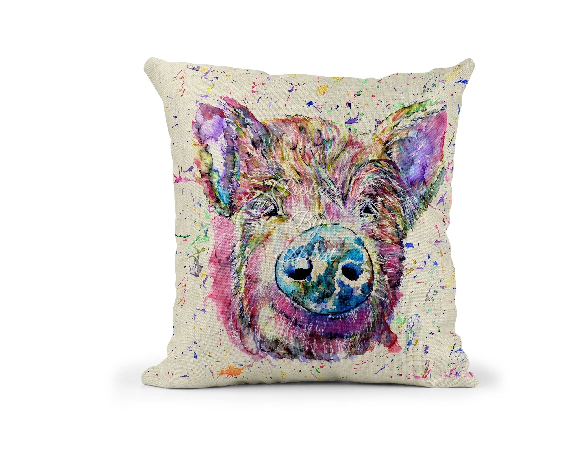 Vixar Rainbow Pig Watercolour Art Linnen Cushion With Filling Or Cover Only, 40X40cm, Gift, Christmas, Birthday (Cover Only)