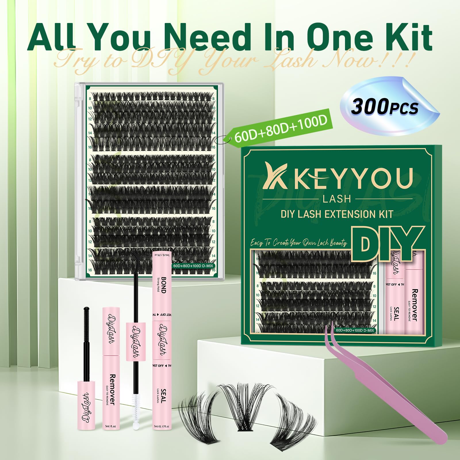 KEYYOU LASH Kit di estensione ciglia per ciglia fai da te 300 pezzi singolo Kit di estensione ciglia 60D80D100D D Curl 8-16MIX riccioli per ciglia con rimozione colla applicatore per principianti (Kit